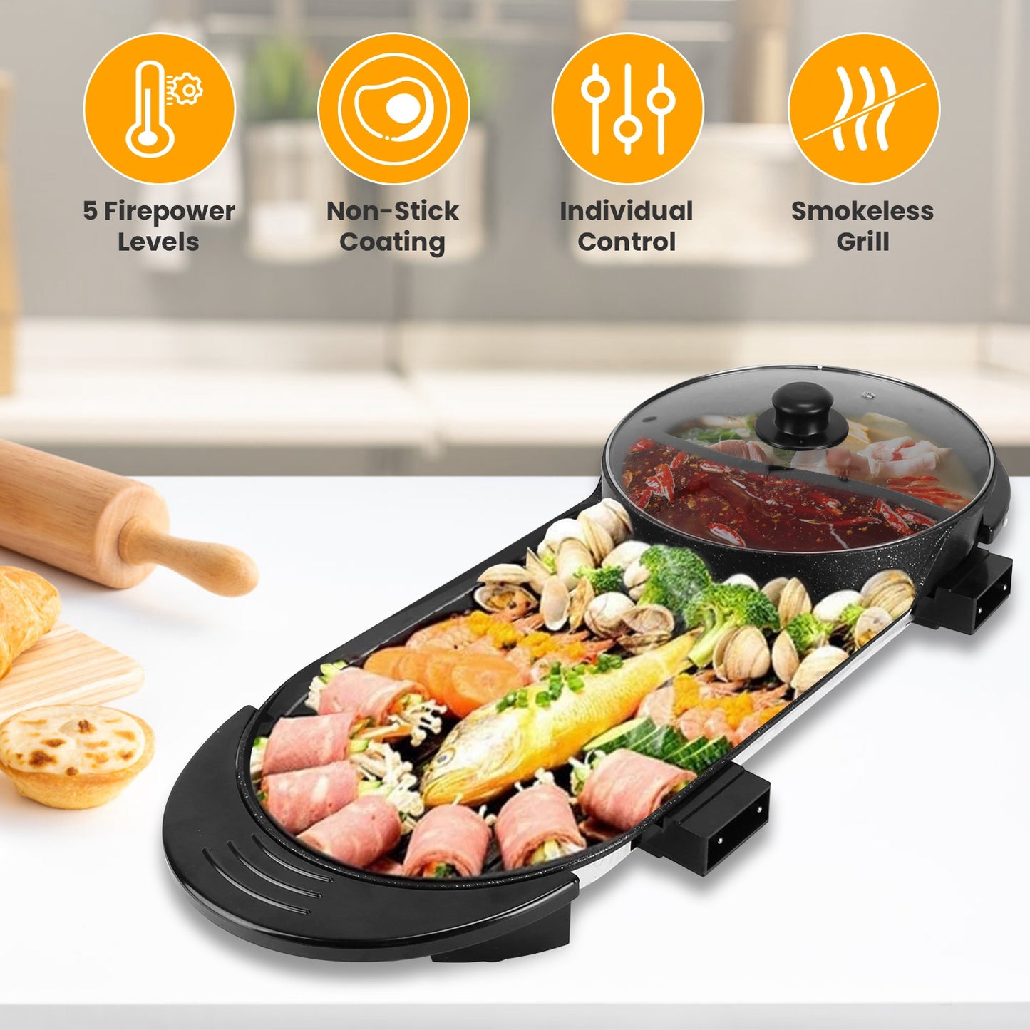 Electric Hot Pot with BBQ Grill 2-in-1 Cooker 2200W