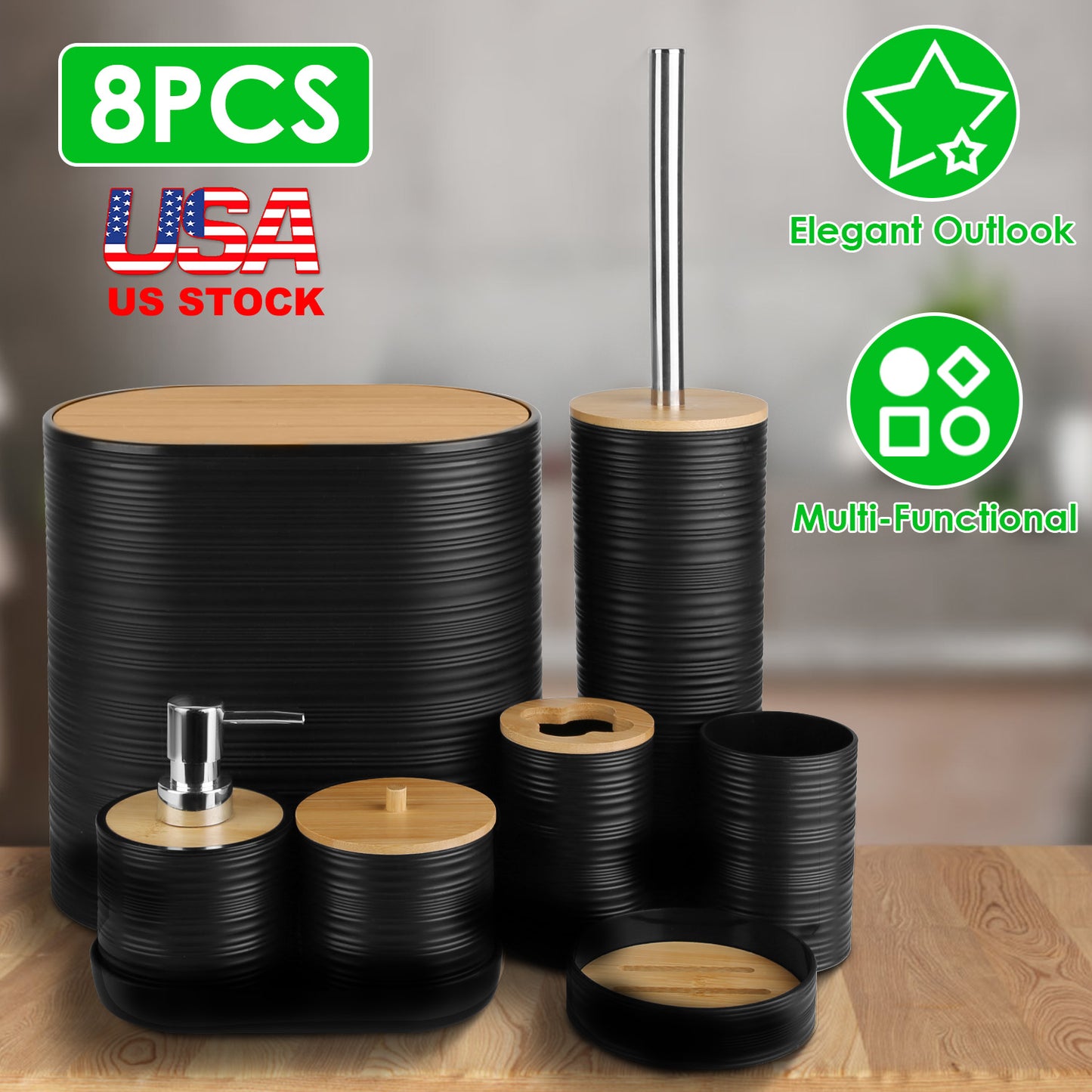 8-Piece Bathroom Accessories Set with Bamboo Accents
