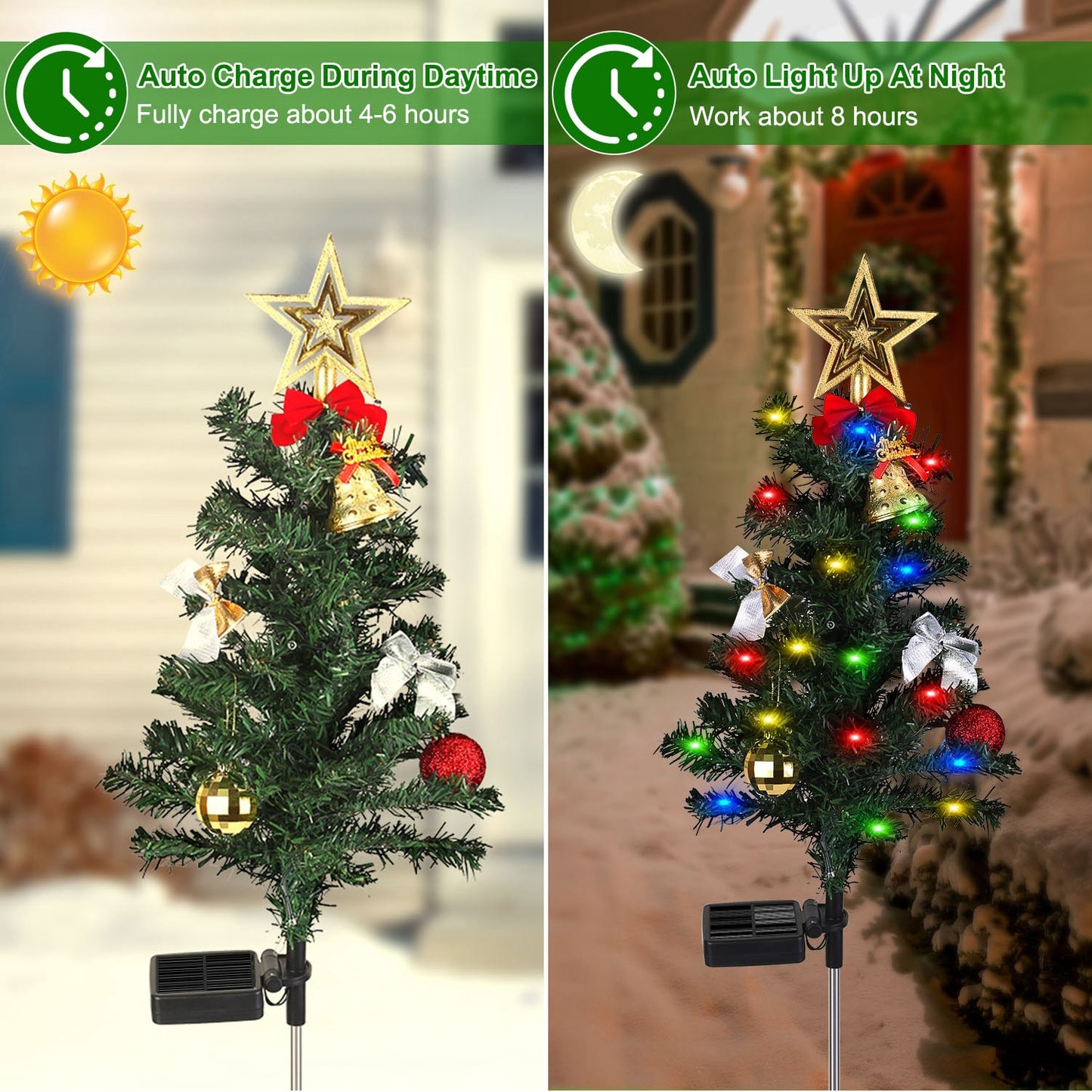 Solar Christmas Tree Lights 4-Pack with Ornaments & Stakes