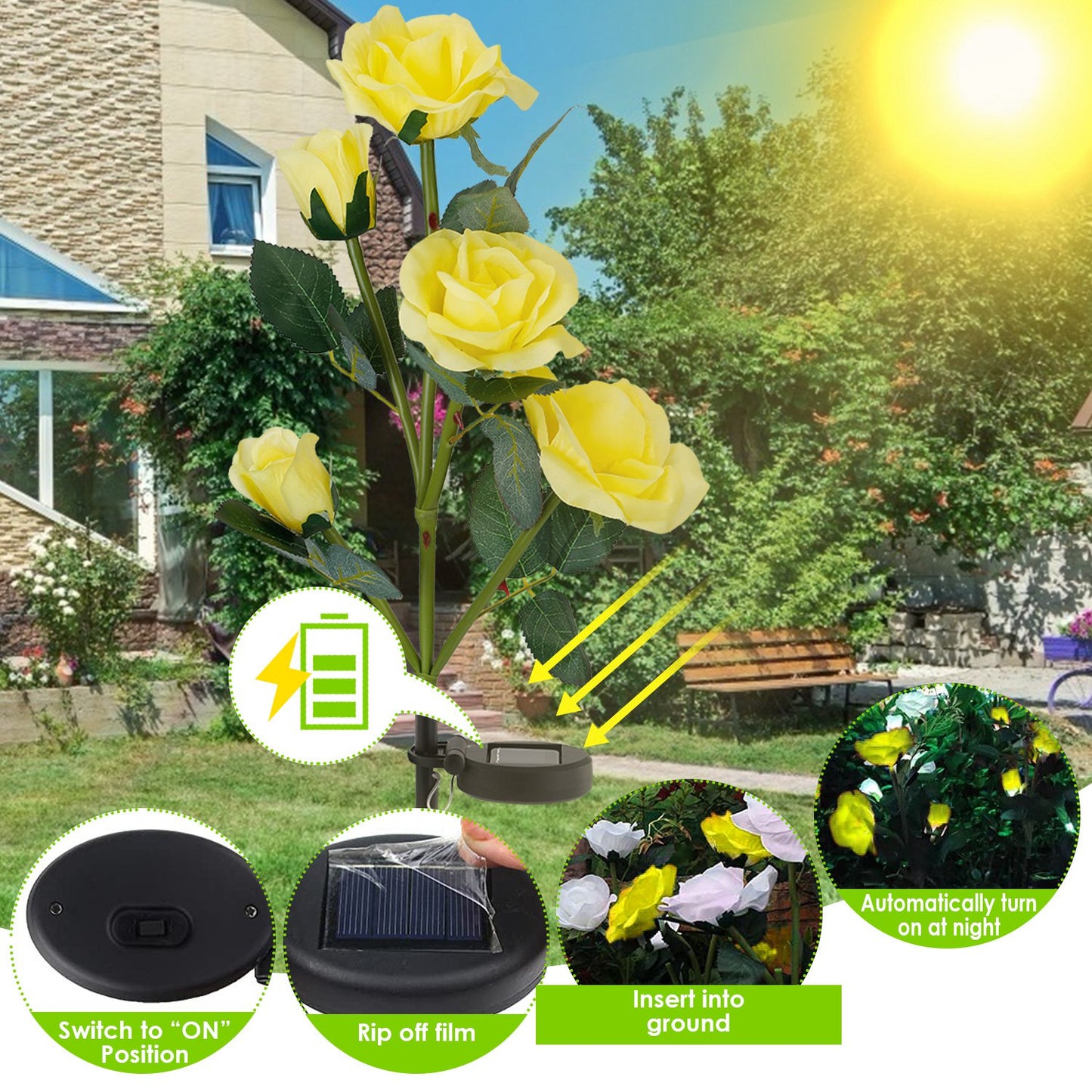 Solar Rose Flower Stake Lights - 2 Pack Outdoor Garden Decor