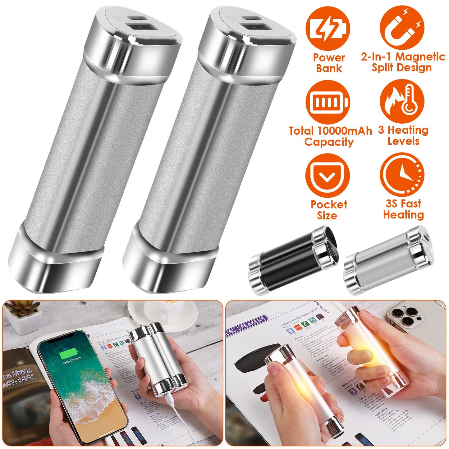 Magnetic Hand Warmers 2-Pack with 10000mAh Power Bank