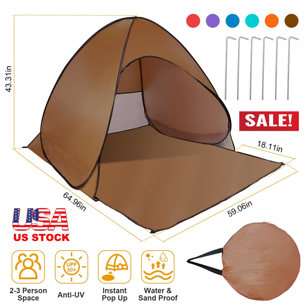 Pop Up Beach Tent Sun Shade Shelter Anti-UV Automatic Waterproof Tent Canopy for 2/3 Man w/ Net Window Storage Bag for Outdoor Beach Camping Fishing P