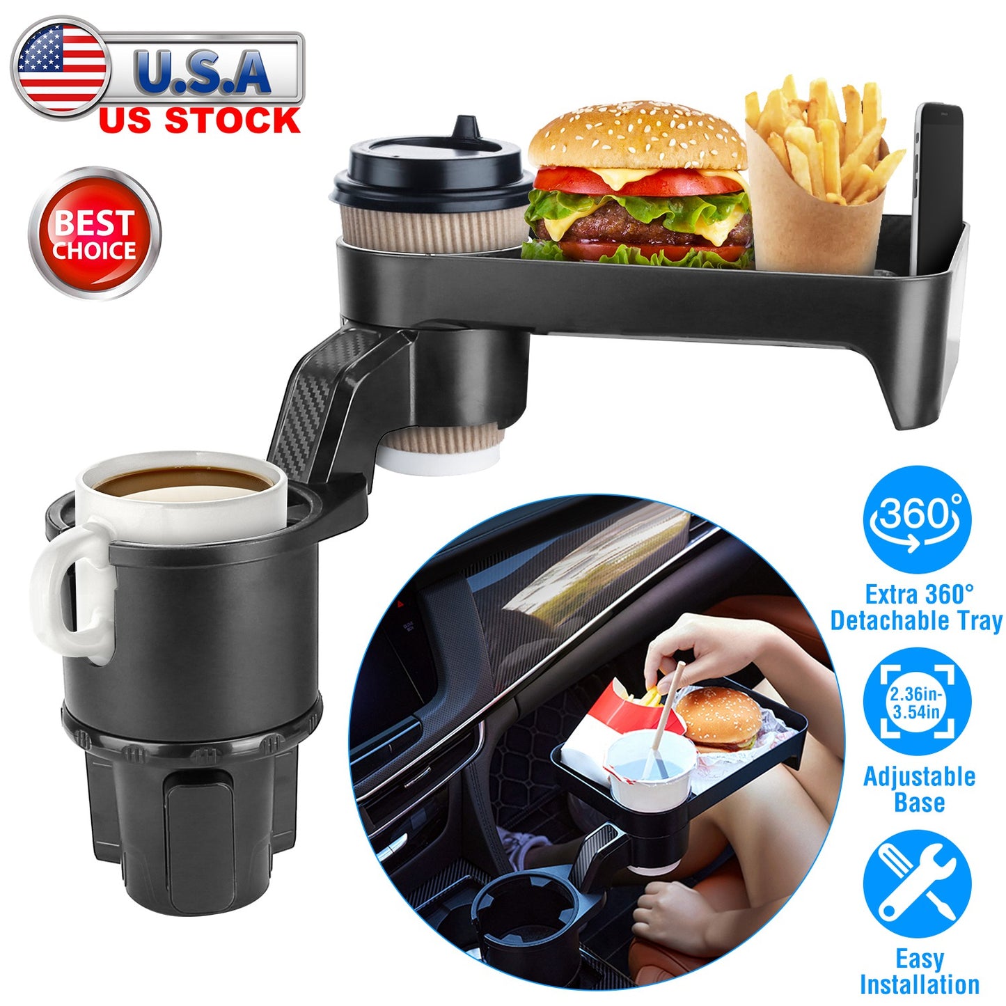 Car Cup Holder Tray with 360° Rotating Organizer