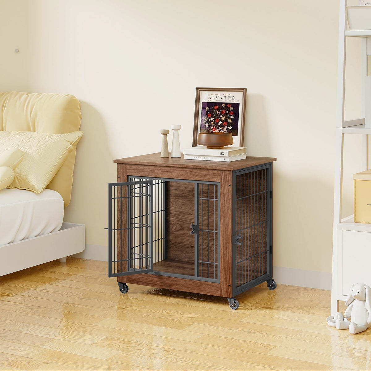 Dog Crate Furniture with Lockable Wheels & Dual Doors
