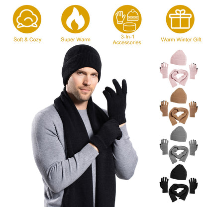 Winter Knitted Hat Scarf Gloves 3Pcs Winter Warm Beanie and Touch Screen Gloves Long Neck Scarf Set Knit Beanie Skull Cap Neck Warmer Anti-Slip Mitten