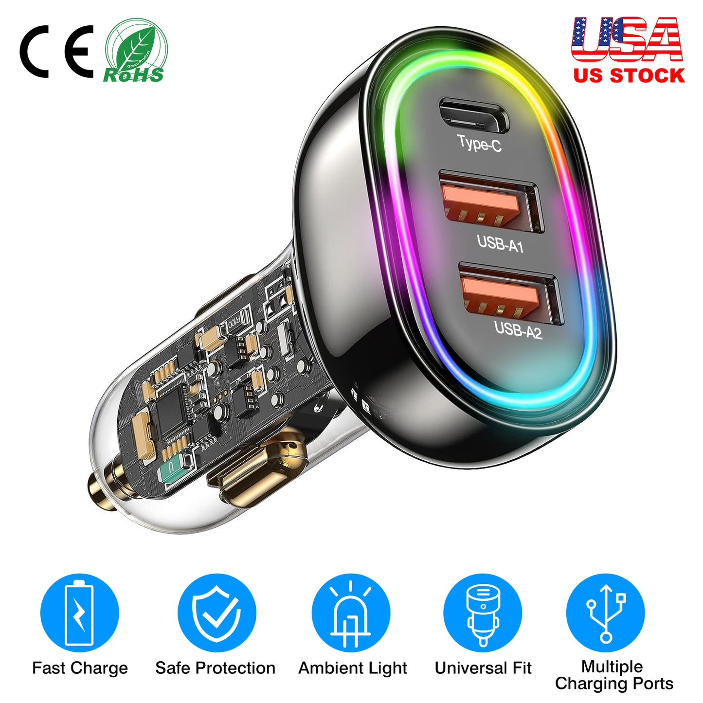 90W Fast Car Charger with 3 Ports and Ambient Light