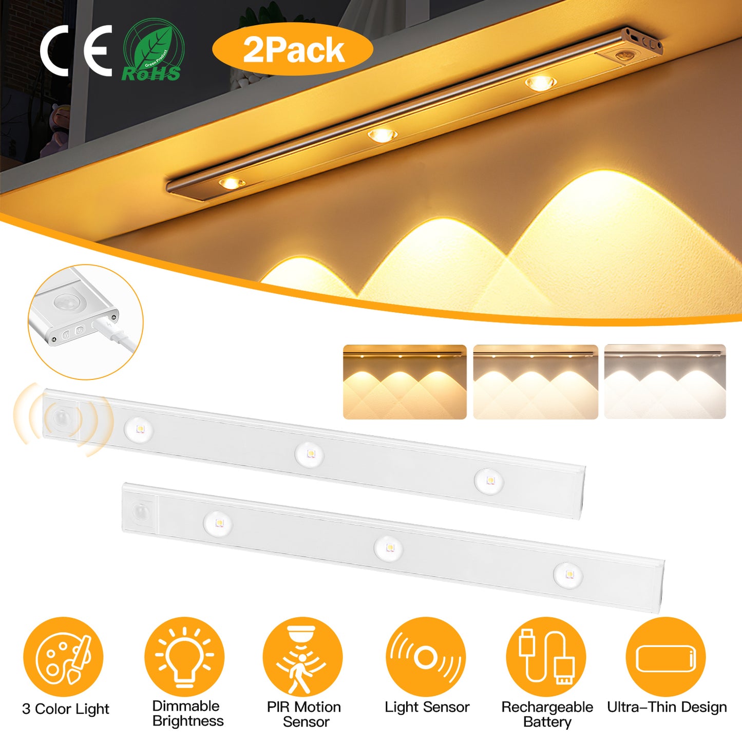 Rechargeable Motion Sensor Cabinet Light 2-Pack with 3 Colors