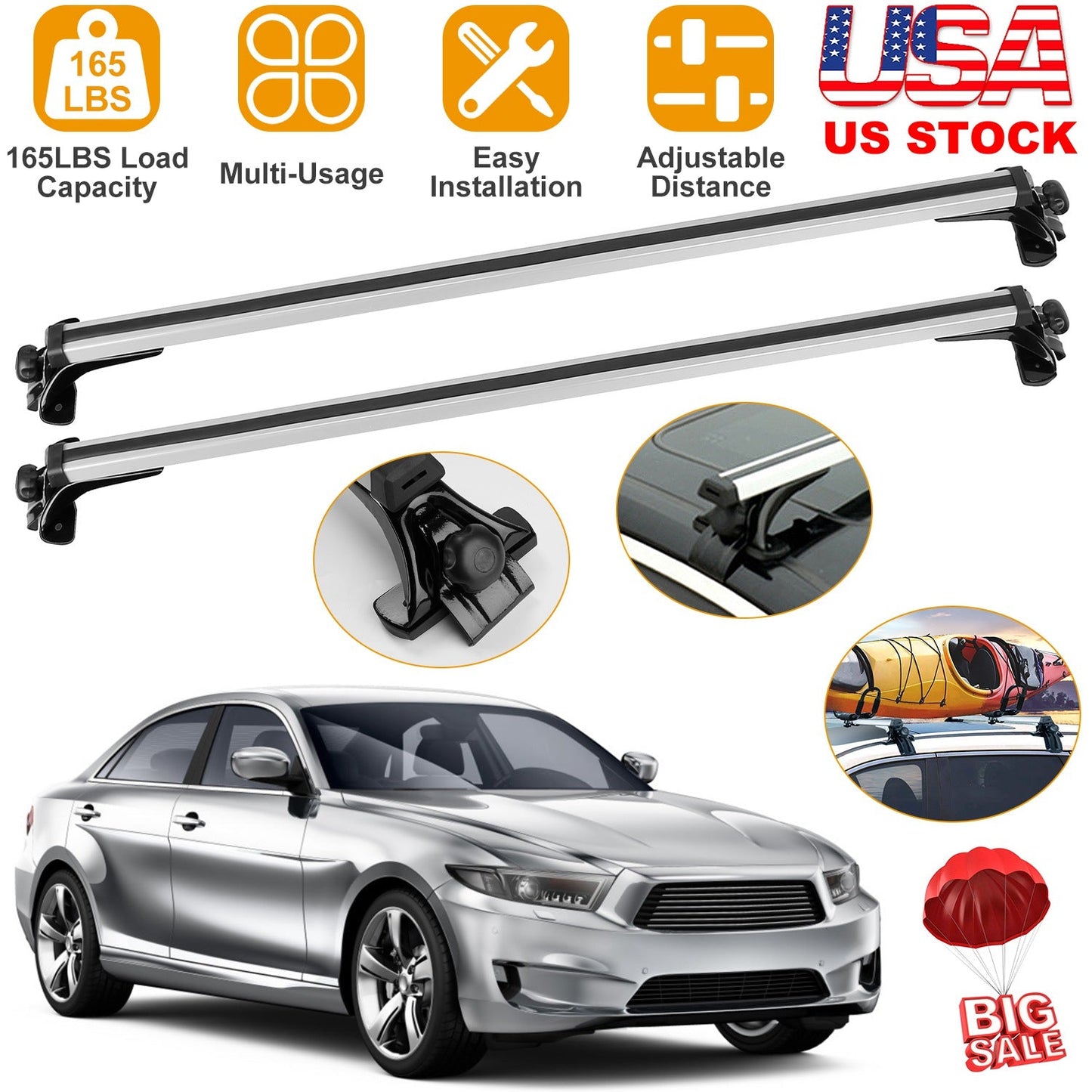 47.24in Universal Top Roof Rack Cross Bar Cargo Carrier Aluminum Crossbar Rack w/ 165LBS Capacity Fit for Most Vehicle Wagon Car Without Roof Side Rai