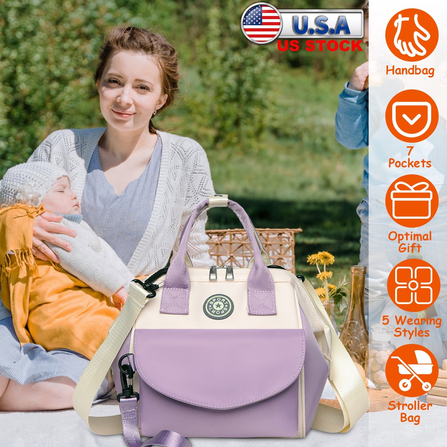 Diaper Bag with 6 Pockets and Detachable Small Bag