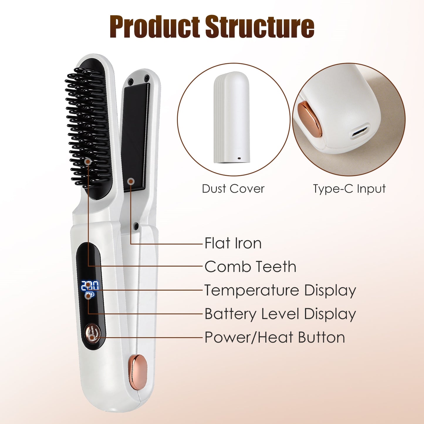 Cordless Hair Straightener Brush 2-in-1 Ceramic Flat Iron