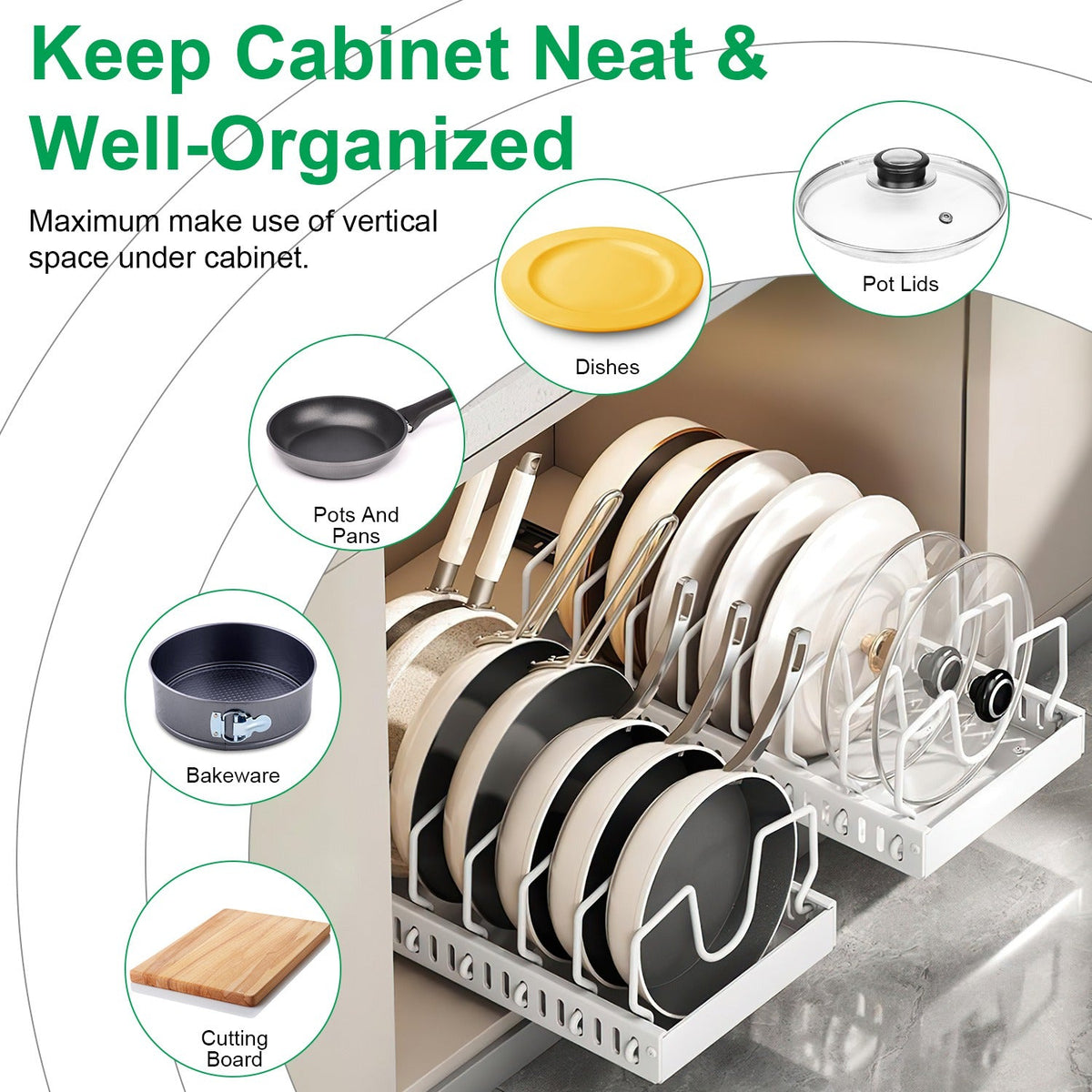 Pull Out Pots And Pans Organizer Under Cabinet With 8 Adjustable Dividers Rustproof Carbon Steel Sliding Pots Holder For Kitchen Cookware Bakeware Pot