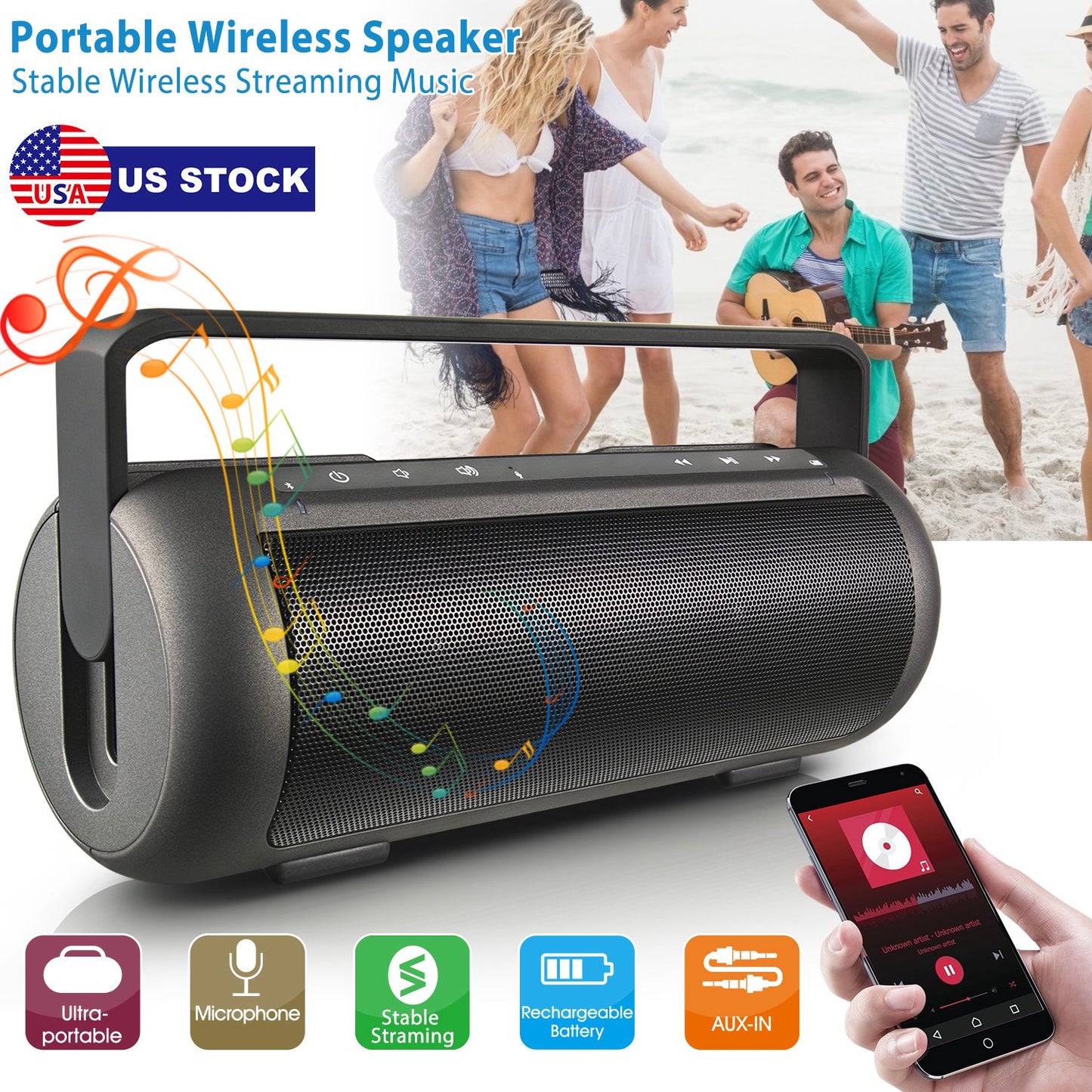 Portable Wireless Speaker with Dual Subwoofer & Microphone