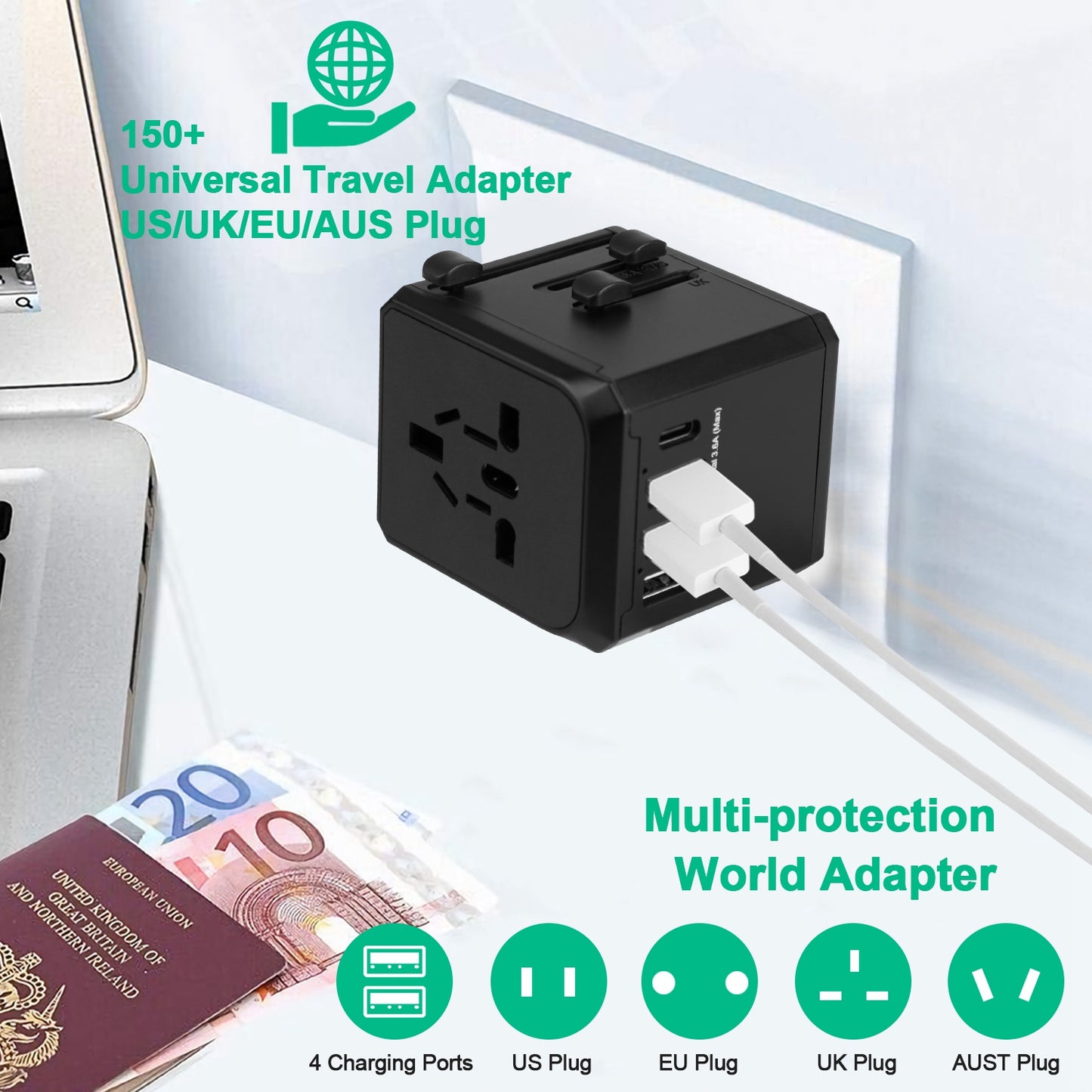 Universal Travel Adapter with 4 USB Ports for 150+ Countries