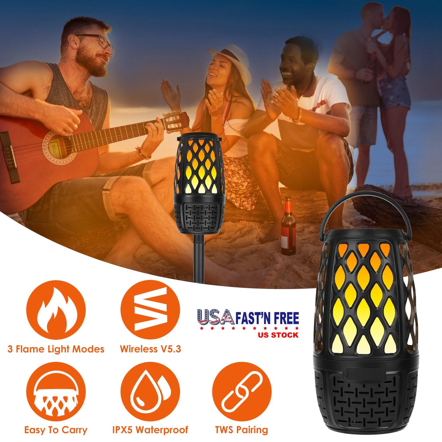 Wireless Flame Speaker with LED Lights & IPX5 Waterproof