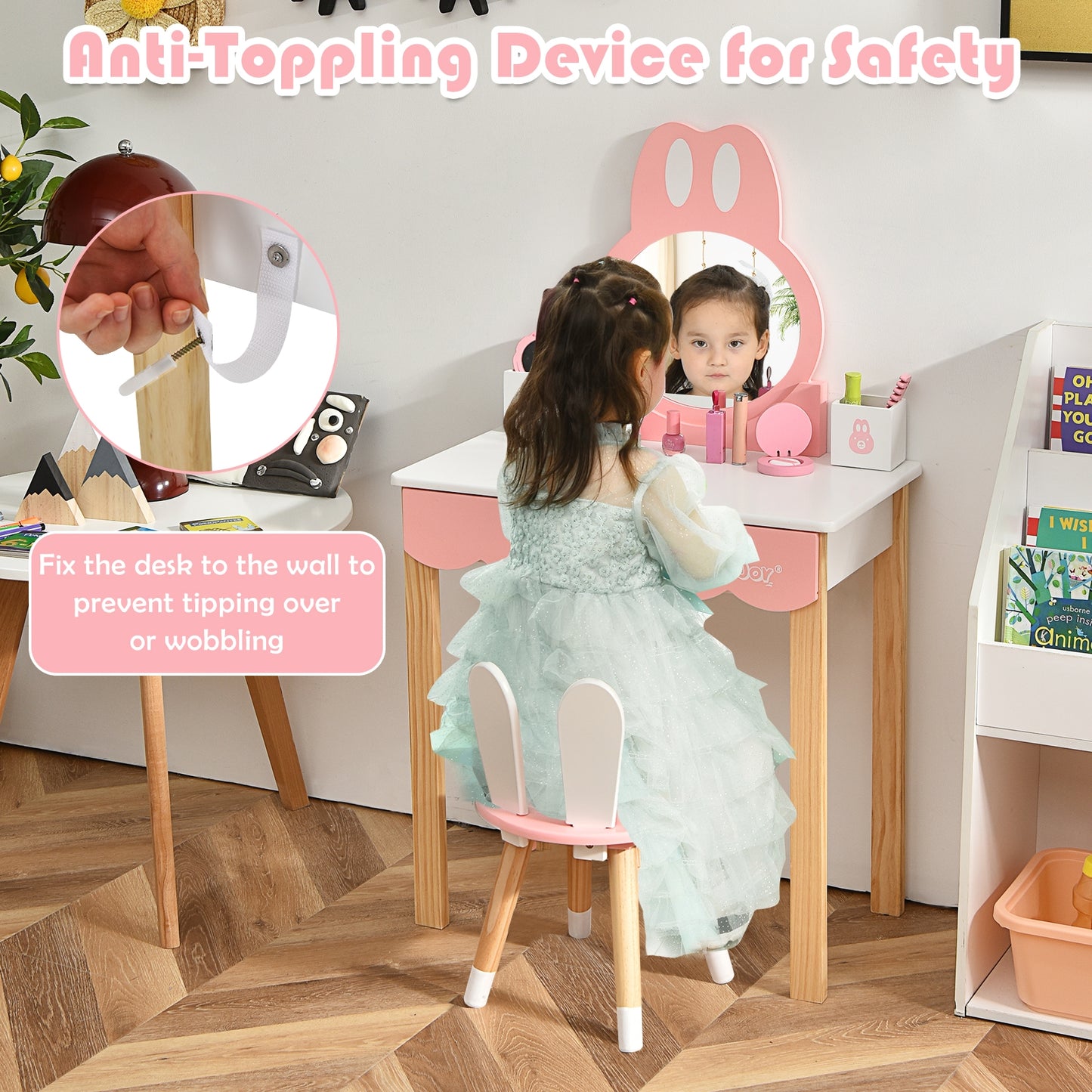 Kids Vanity Table Set with Mirror, Drawer & Chair - White