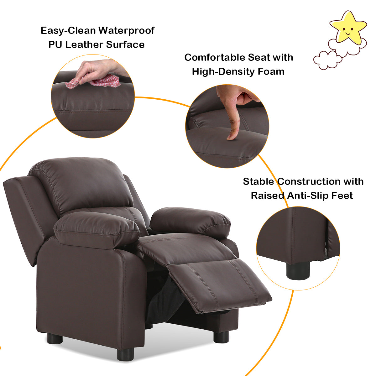 Kids Recliner Armchair with Storage Arms and Headrest