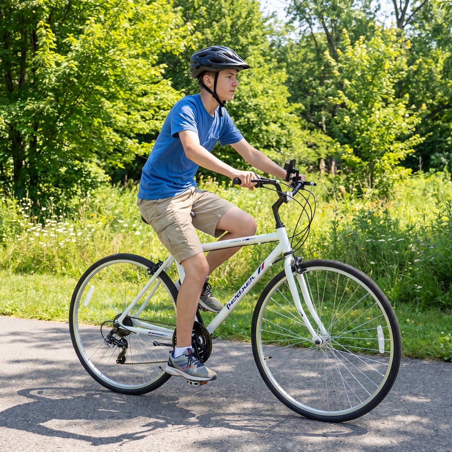 700C Hybrid Bike for Adult with 18-Speed Shimano Drivetrain and Phone Holder