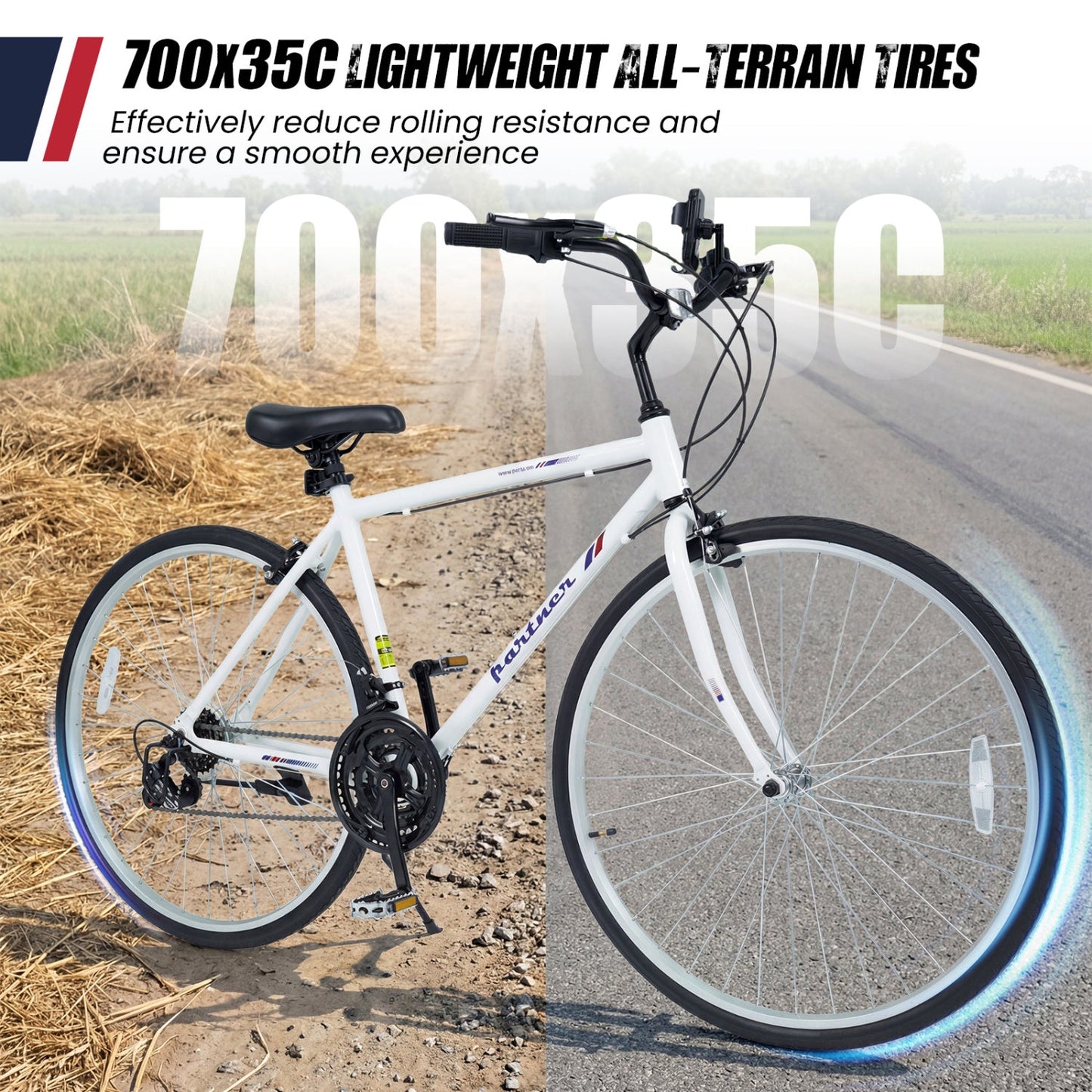 700C Hybrid Bike for Adult with 18-Speed Shimano Drivetrain and Phone Holder