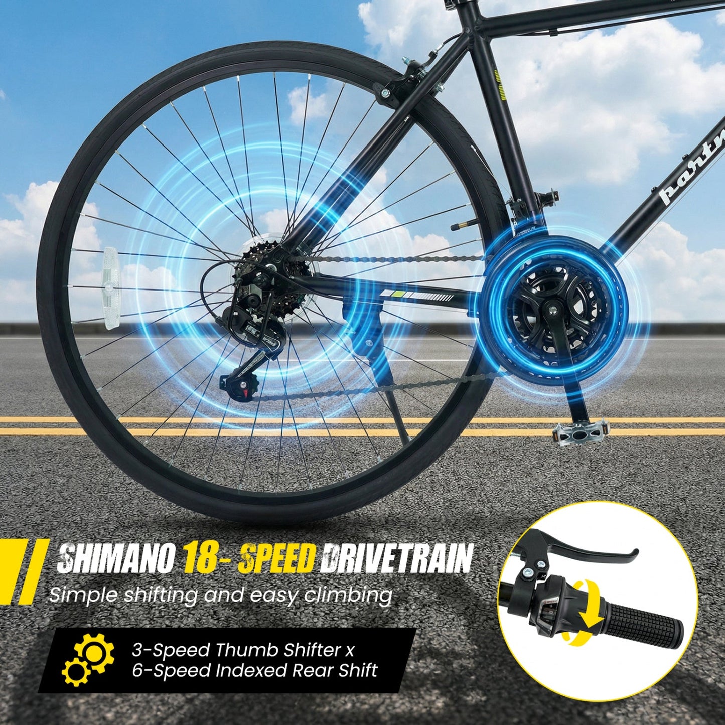 700C Hybrid Bike for Adult with 18-Speed Shimano Drivetrain and Phone Holder