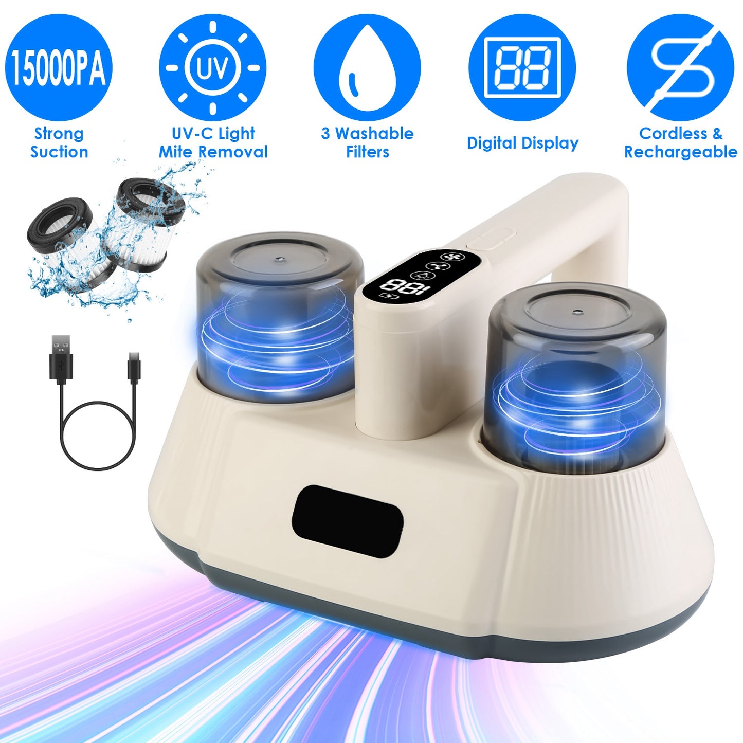 Cordless Mattress Vacuum Cleaner with UV-C Light & 15000PA Suction