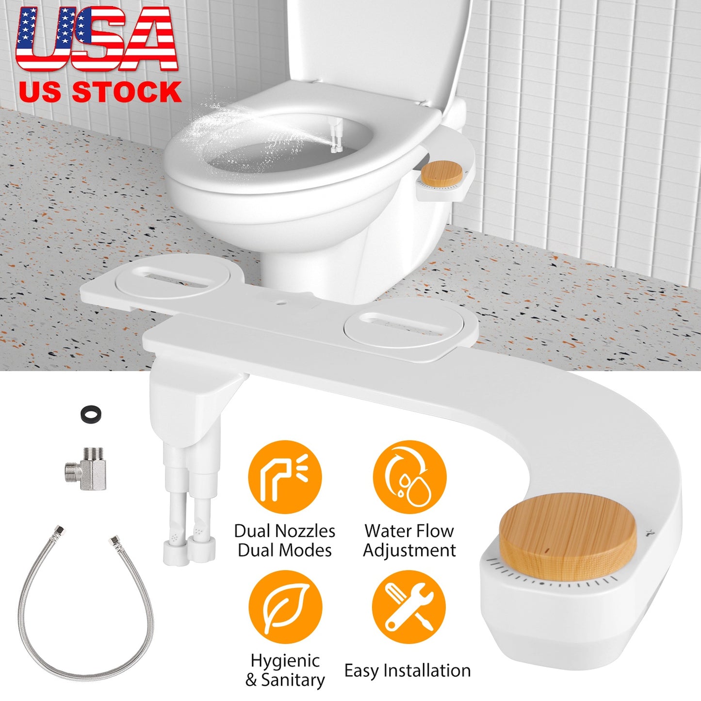 Bidet Attachment with Dual Nozzles and Water Flow Control
