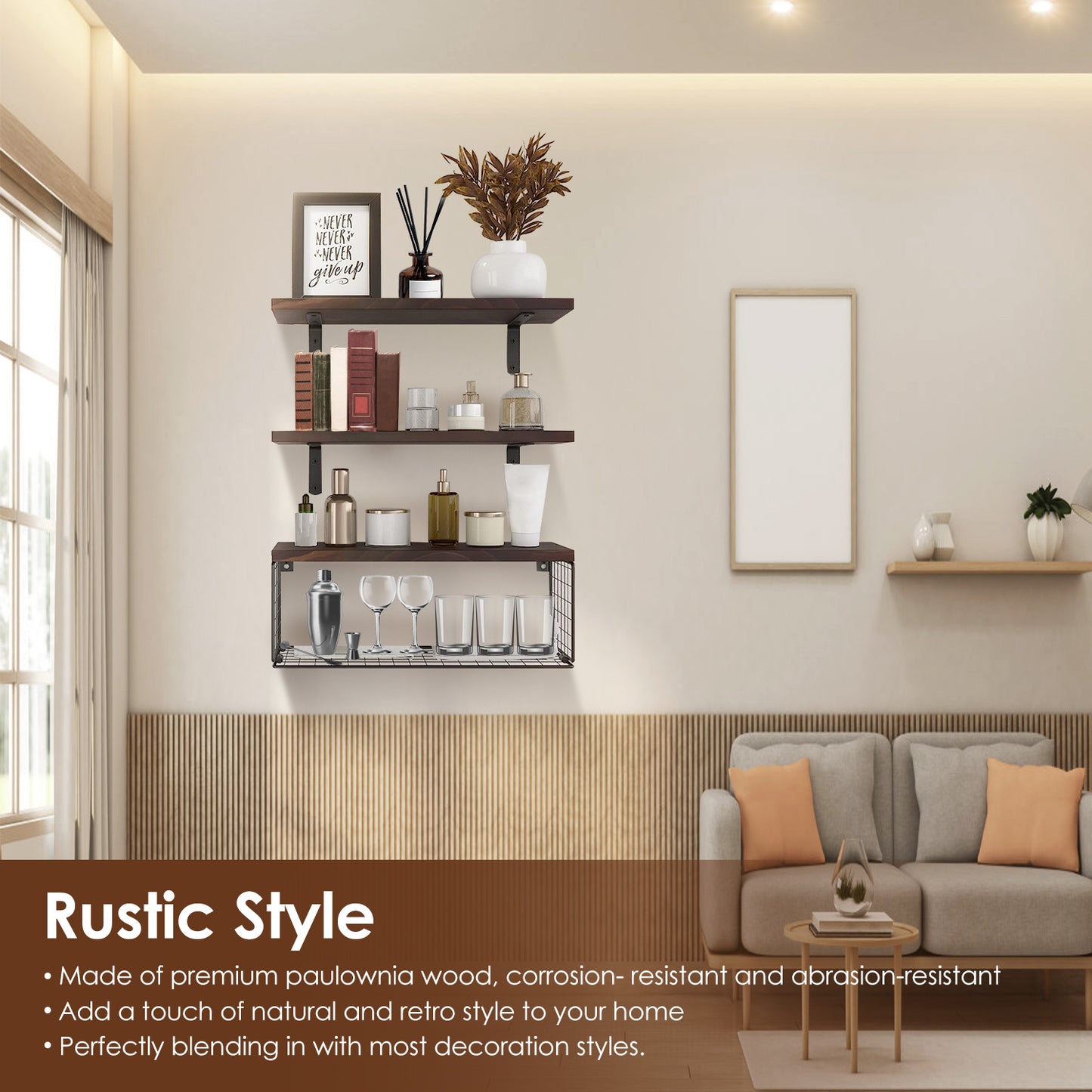 Floating Shelves Wall Mounted with Storage Basket - 3 Tier Wood