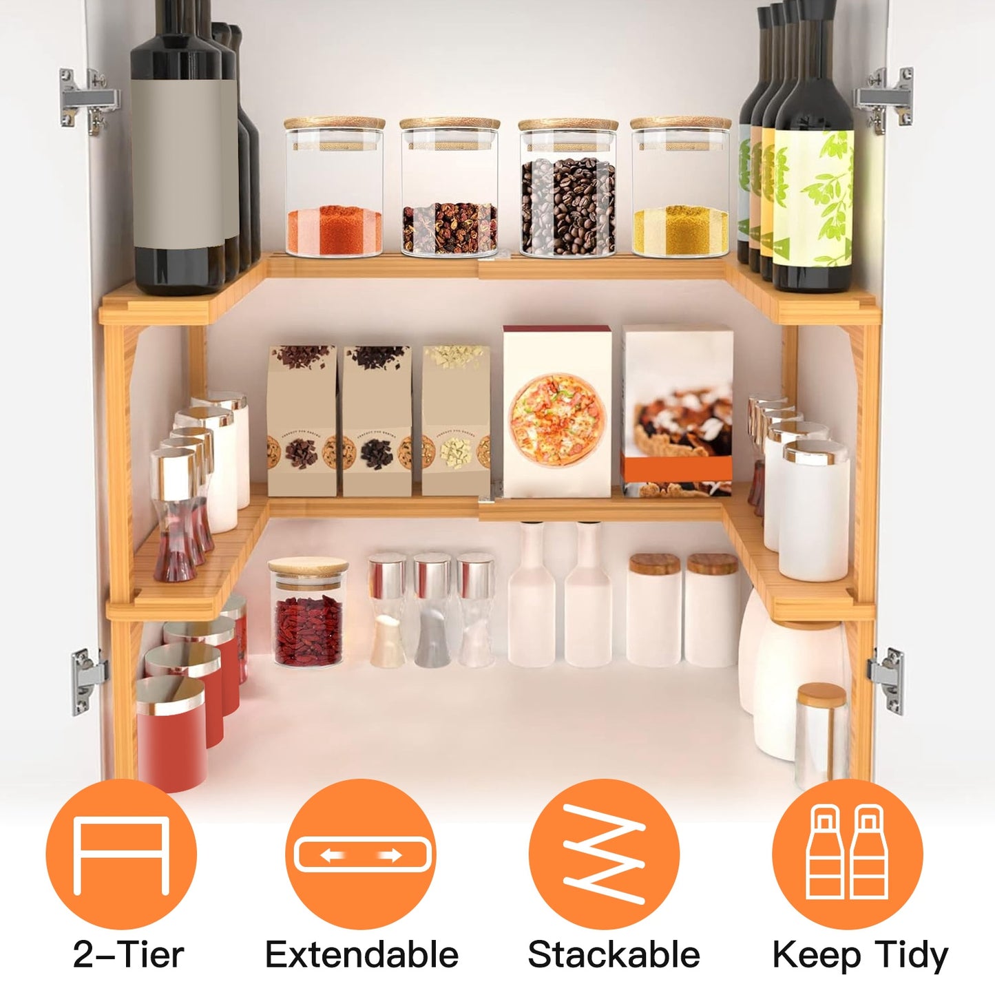 2-Tier Expandable Bamboo Spice Rack Organizer for Cabinet