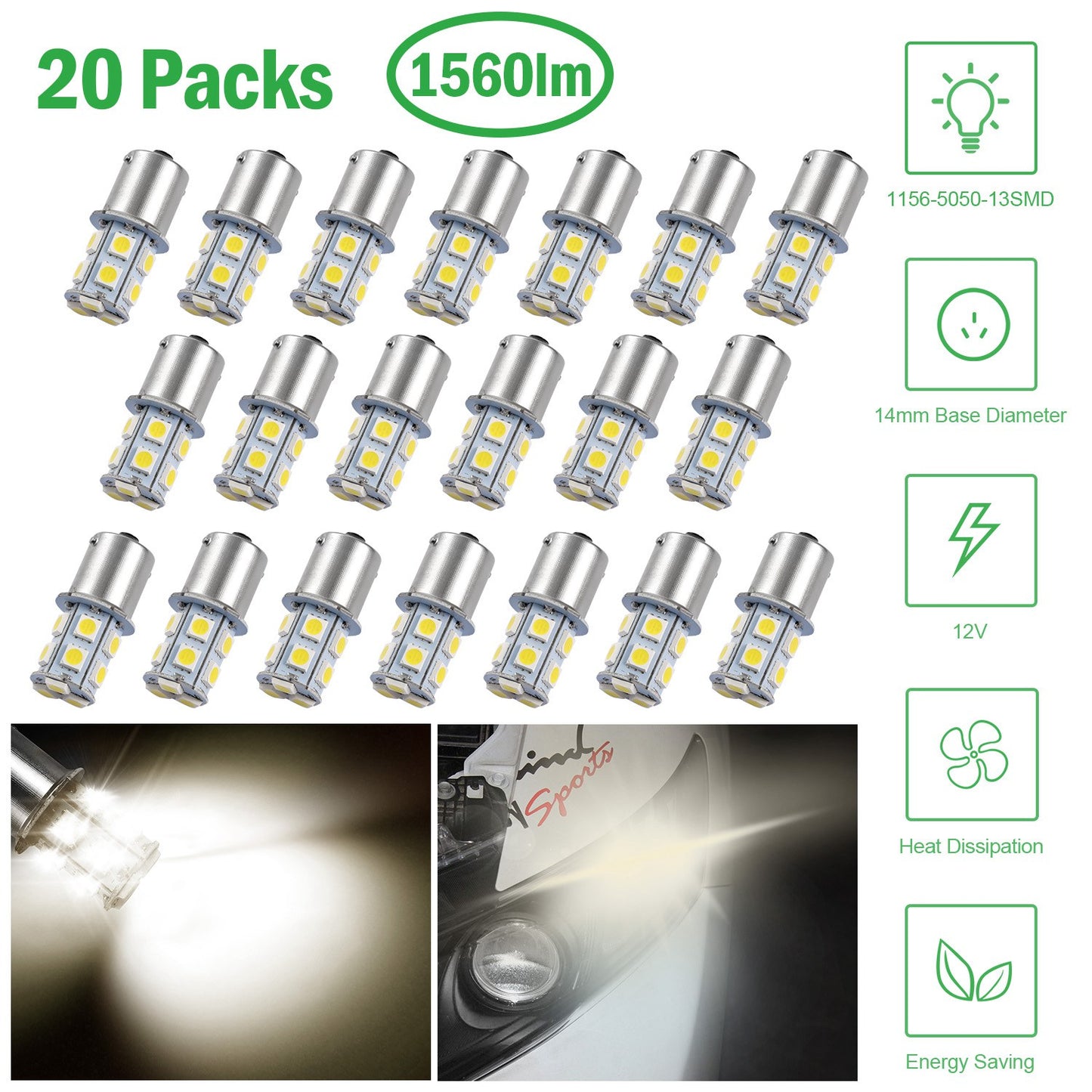 1156 LED Bulbs 13-SMD 4500K Warm White for Car Trailer (20-Pack)