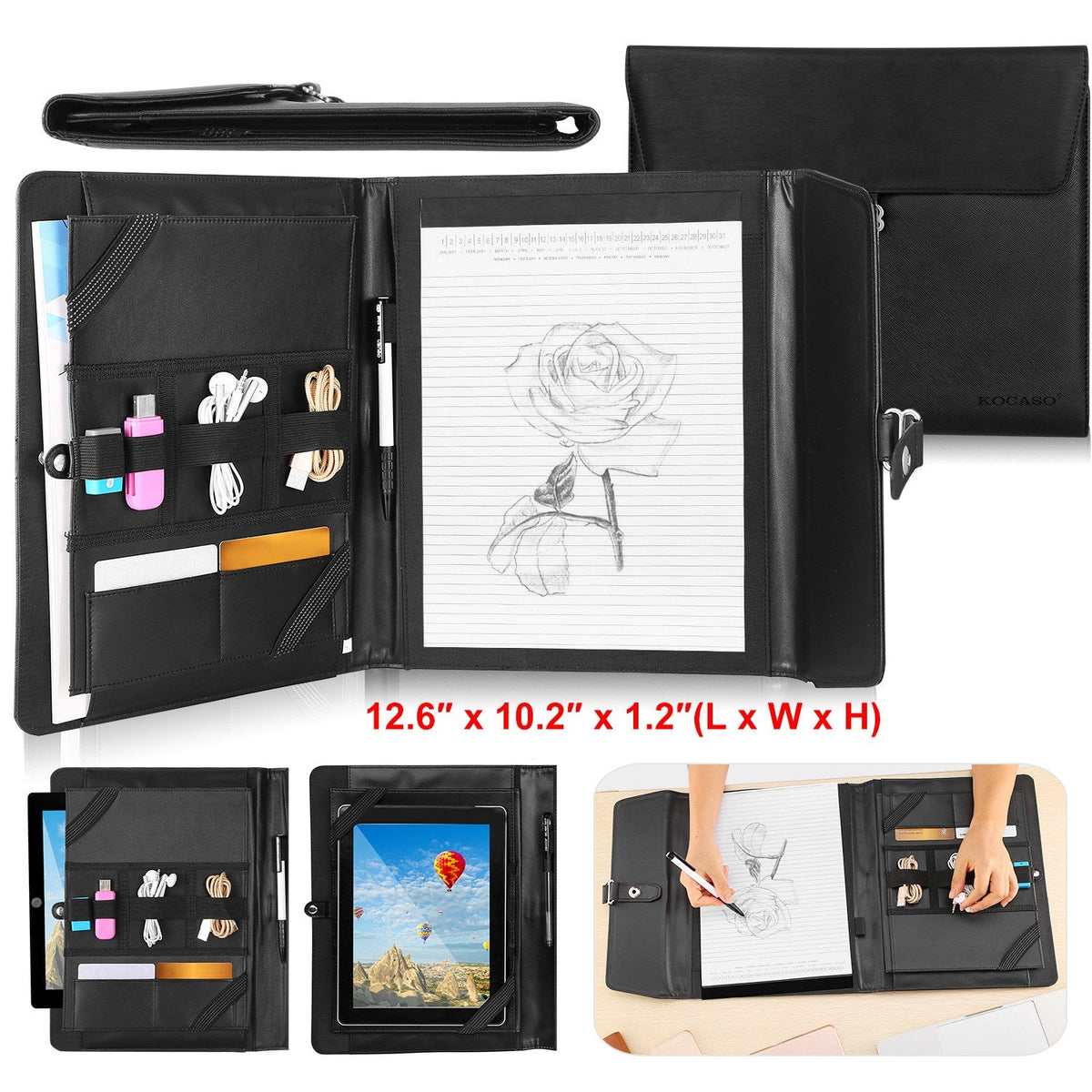 Padfolio Portfolio Folder Business Document Organizer PU Leather Padfolio Holder Case for 9.7" iPad Tablet Business Cards