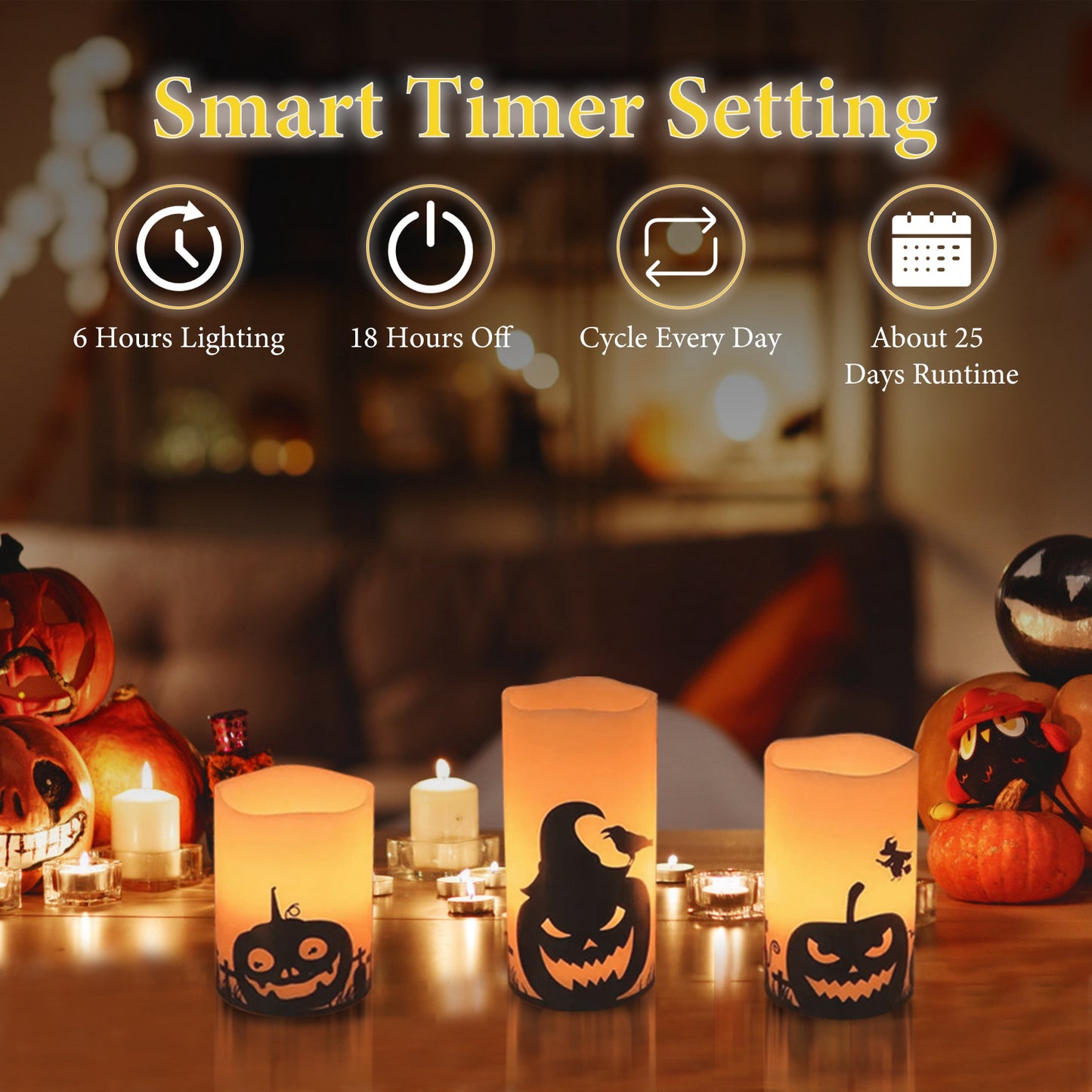 Flameless Halloween Candles with Timer - 3 Pack LED Battery Operated