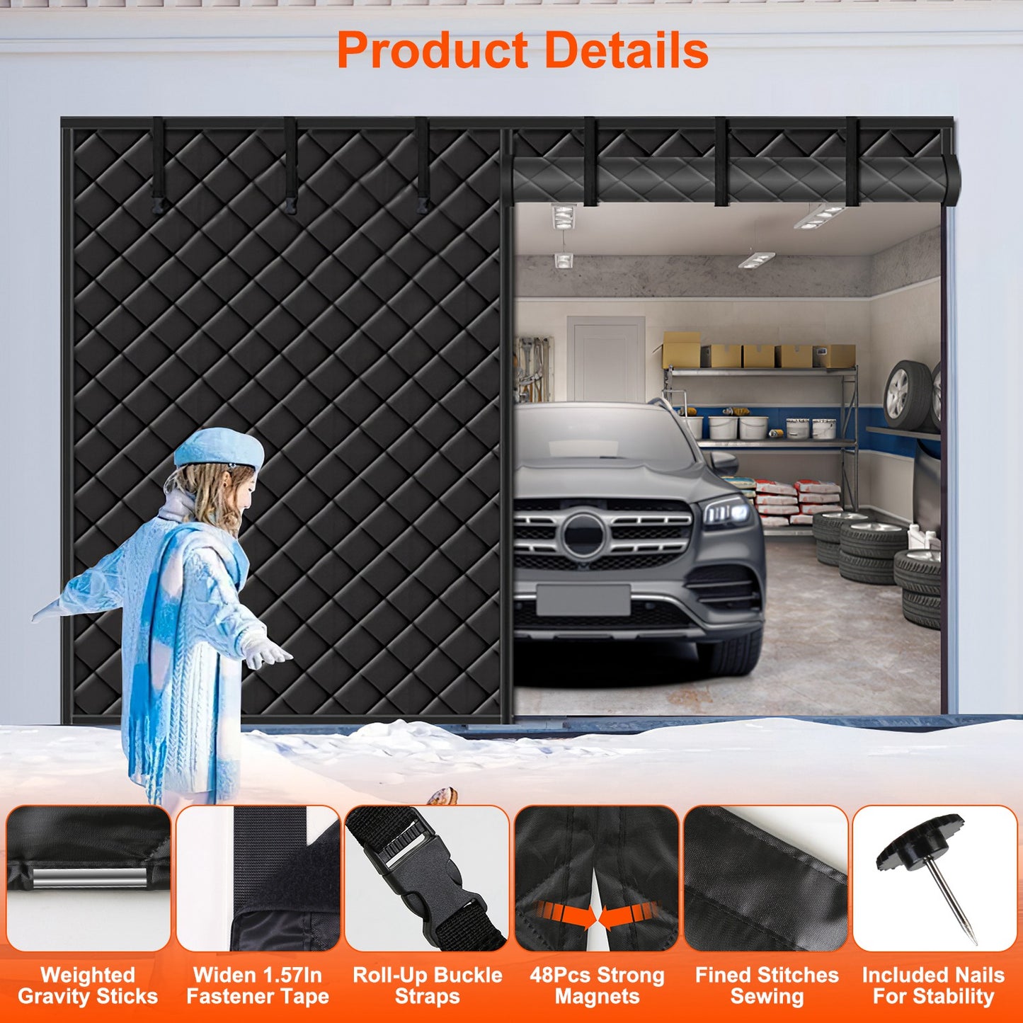 Magnetic Thermal Insulated Garage Door Curtain 16x7 FT