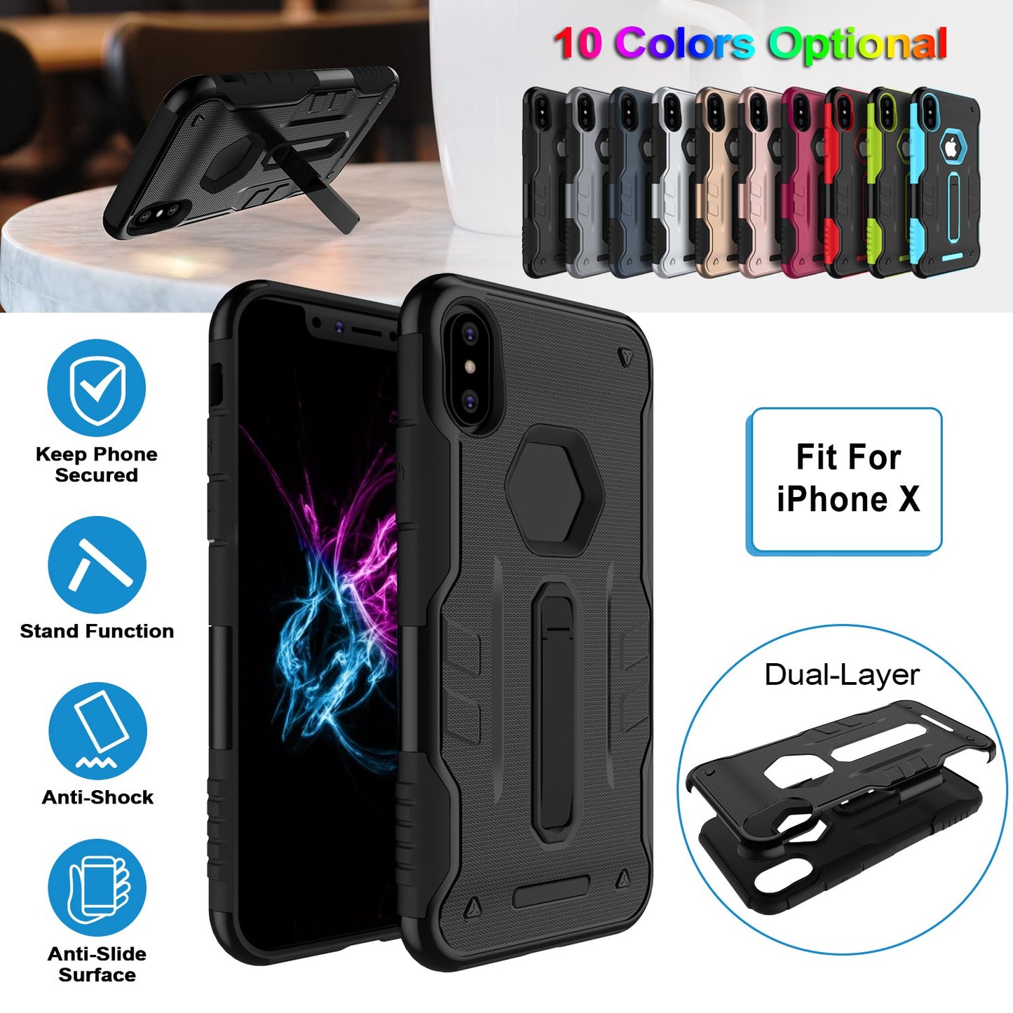 iPhone X Rugged Case with Kickstand - Dual Layer Protection