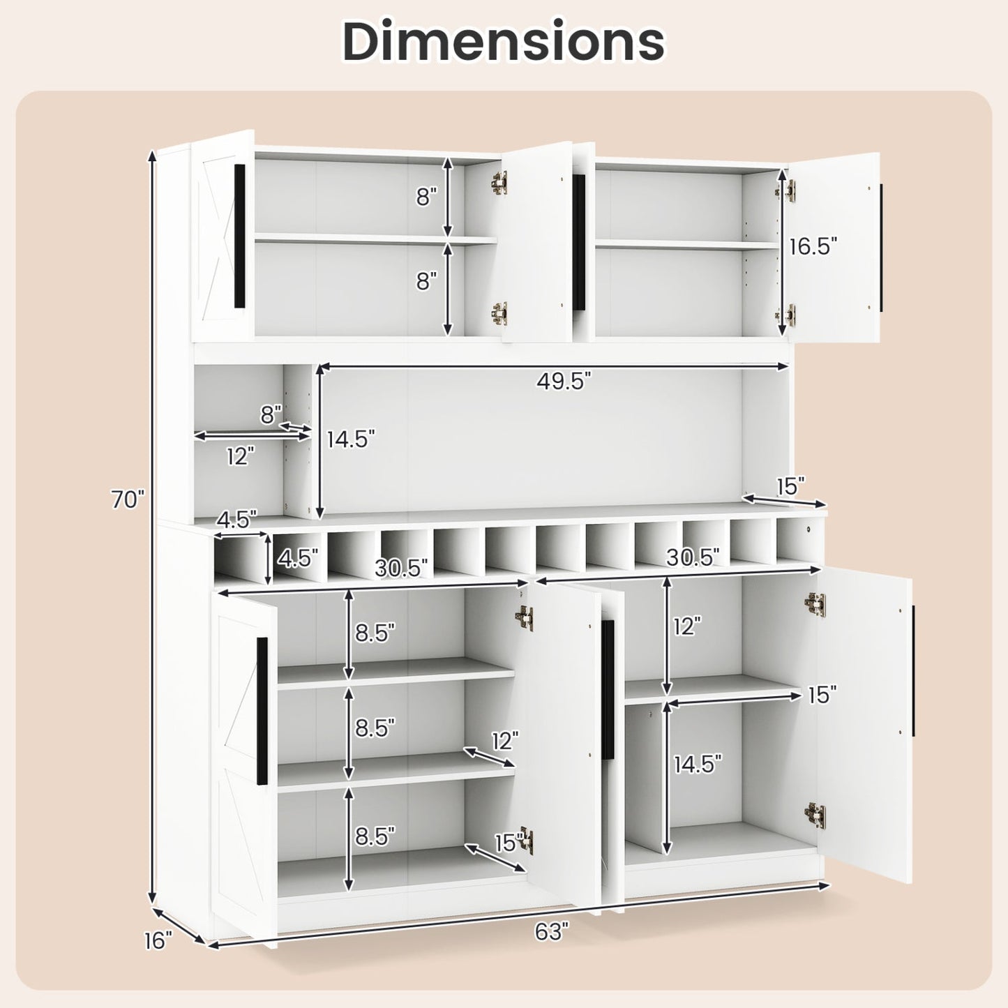 70 Inch Farmhouse Pantry Cabinet Kitchen Buffet Hutch with 4 Cabinets and 2 Open Shelves