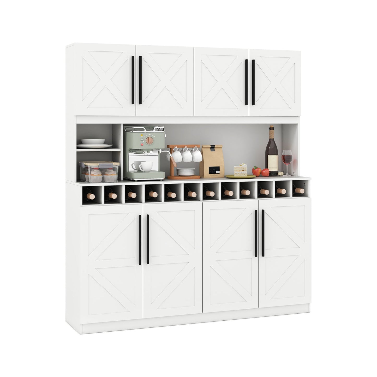 70 Inch Farmhouse Pantry Cabinet Kitchen Buffet Hutch with 4 Cabinets and 2 Open Shelves