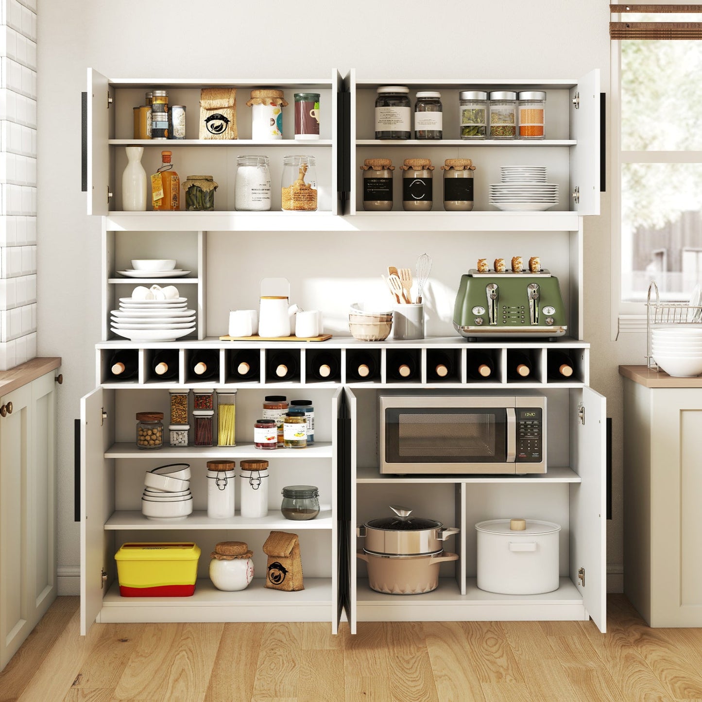 70 Inch Farmhouse Pantry Cabinet Kitchen Buffet Hutch with 4 Cabinets and 2 Open Shelves