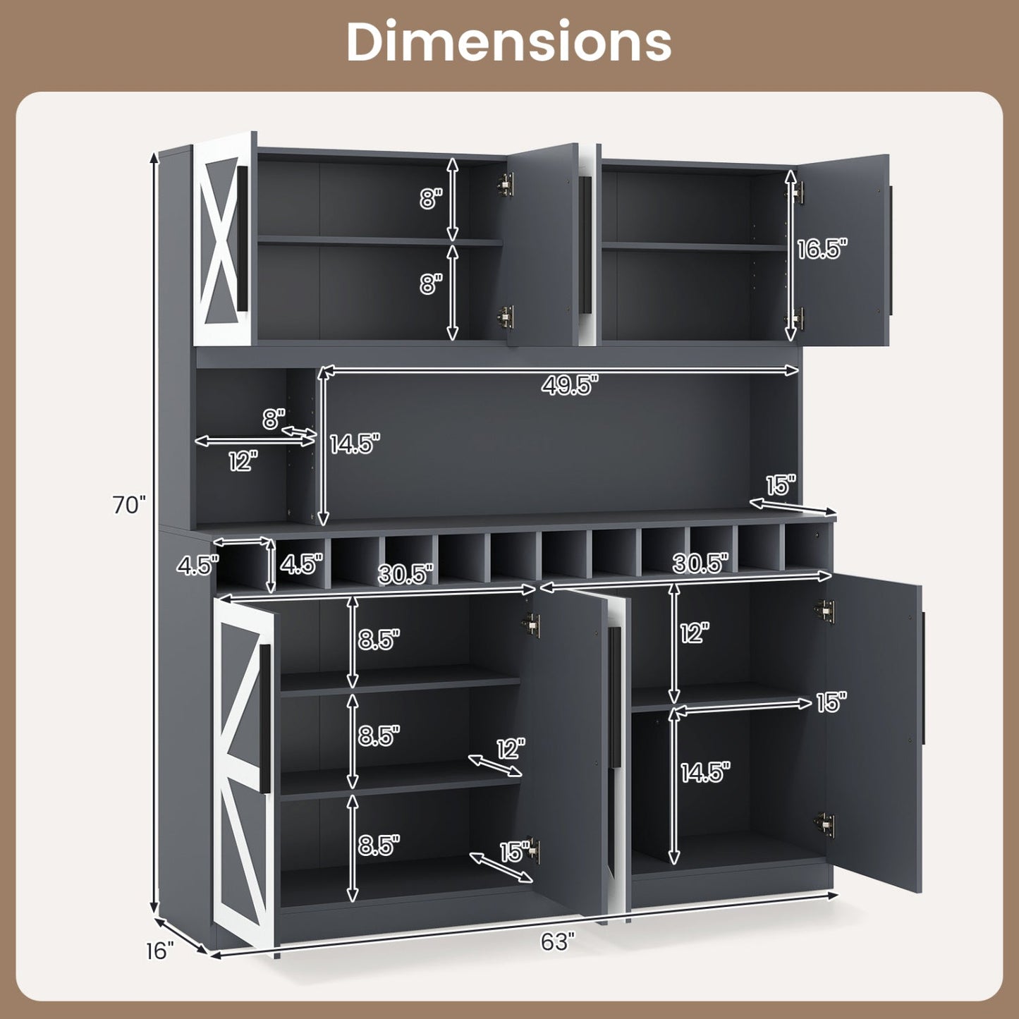 70 Inch Farmhouse Pantry Cabinet Kitchen Buffet Hutch with 4 Cabinets and 2 Open Shelves