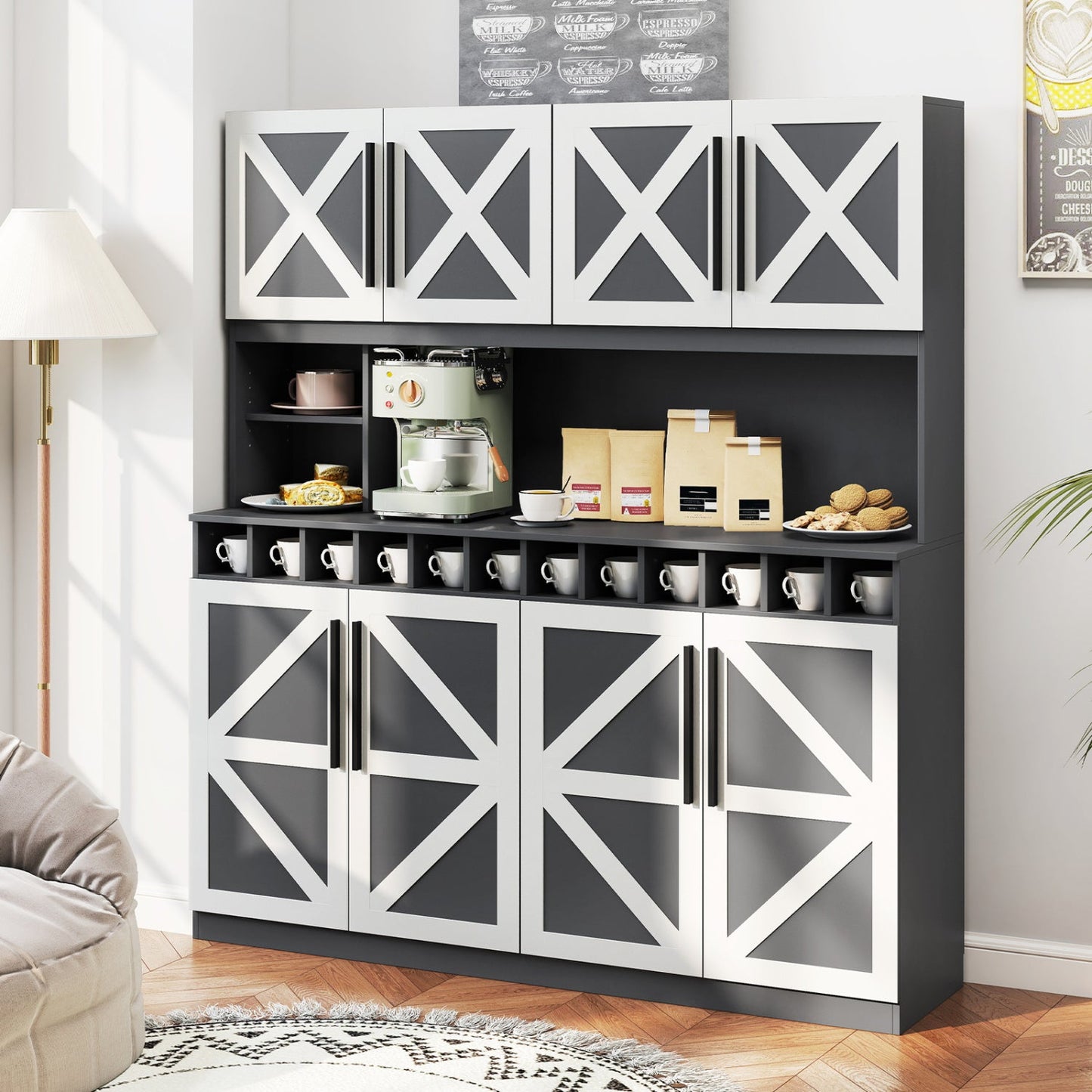 70 Inch Farmhouse Pantry Cabinet Kitchen Buffet Hutch with 4 Cabinets and 2 Open Shelves