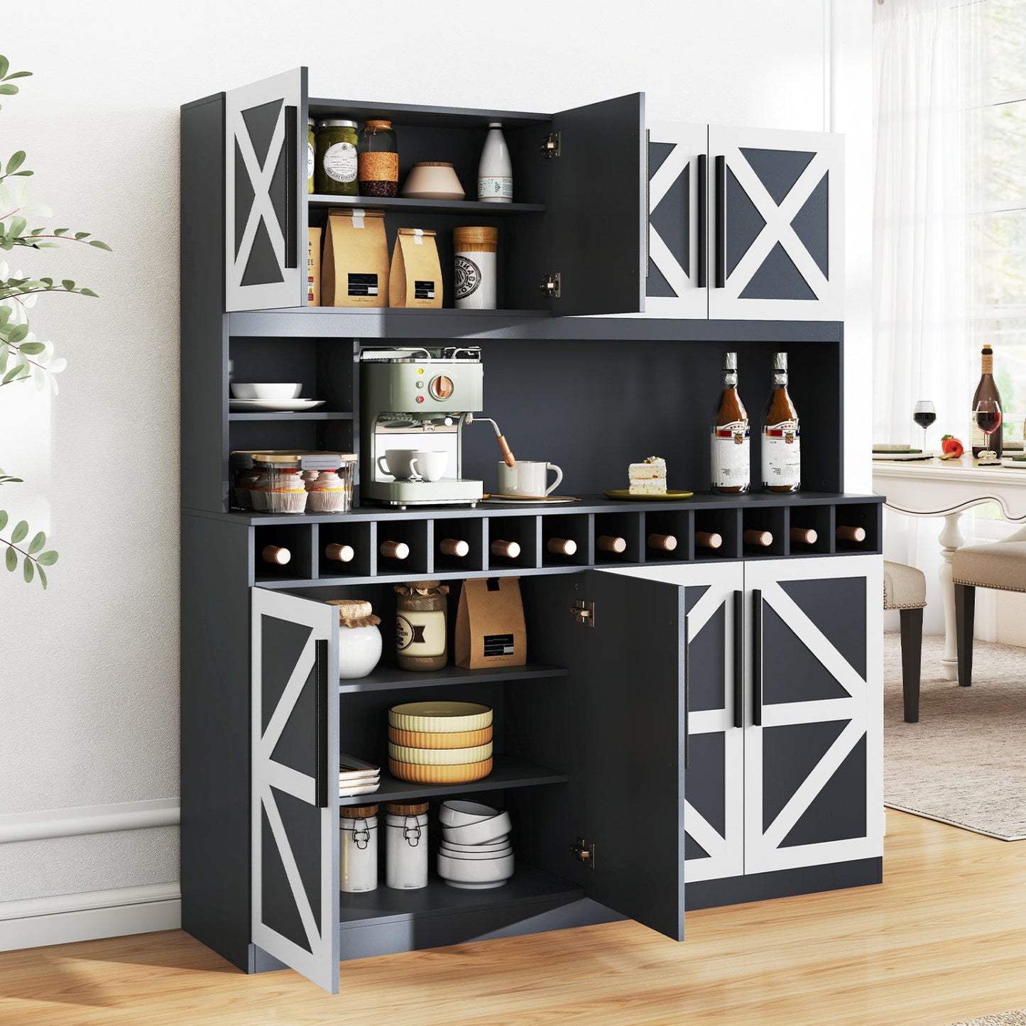 70 Inch Farmhouse Pantry Cabinet Kitchen Buffet Hutch with 4 Cabinets and 2 Open Shelves