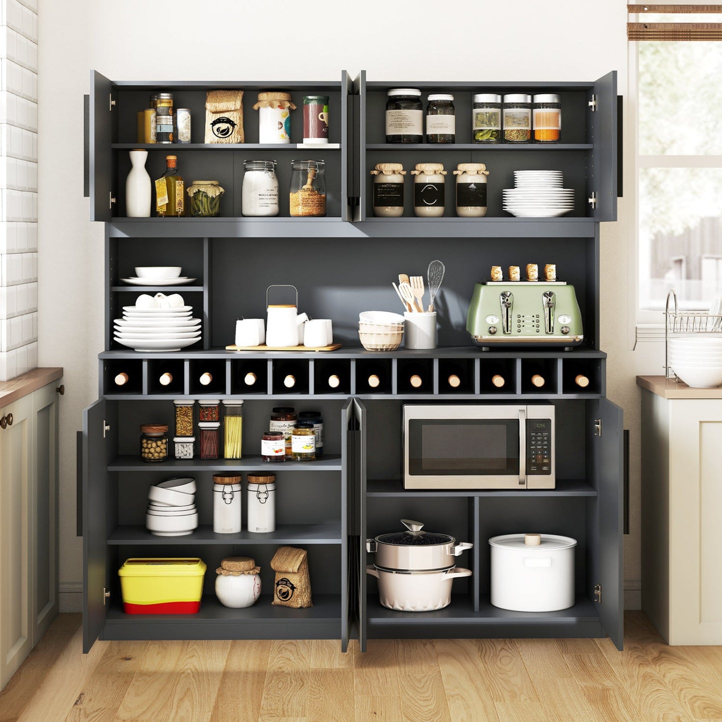 70 Inch Farmhouse Pantry Cabinet Kitchen Buffet Hutch with 4 Cabinets and 2 Open Shelves