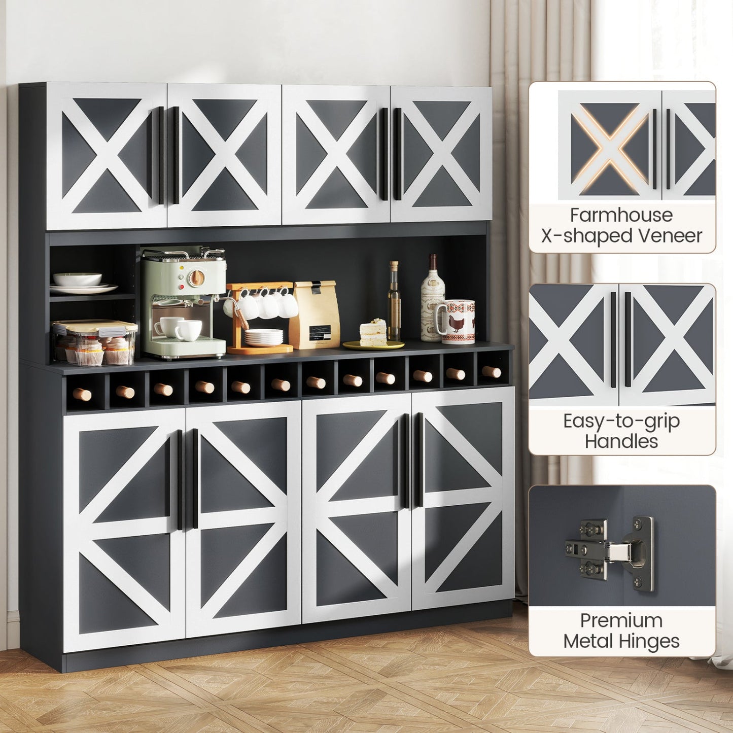 70 Inch Farmhouse Pantry Cabinet Kitchen Buffet Hutch with 4 Cabinets and 2 Open Shelves