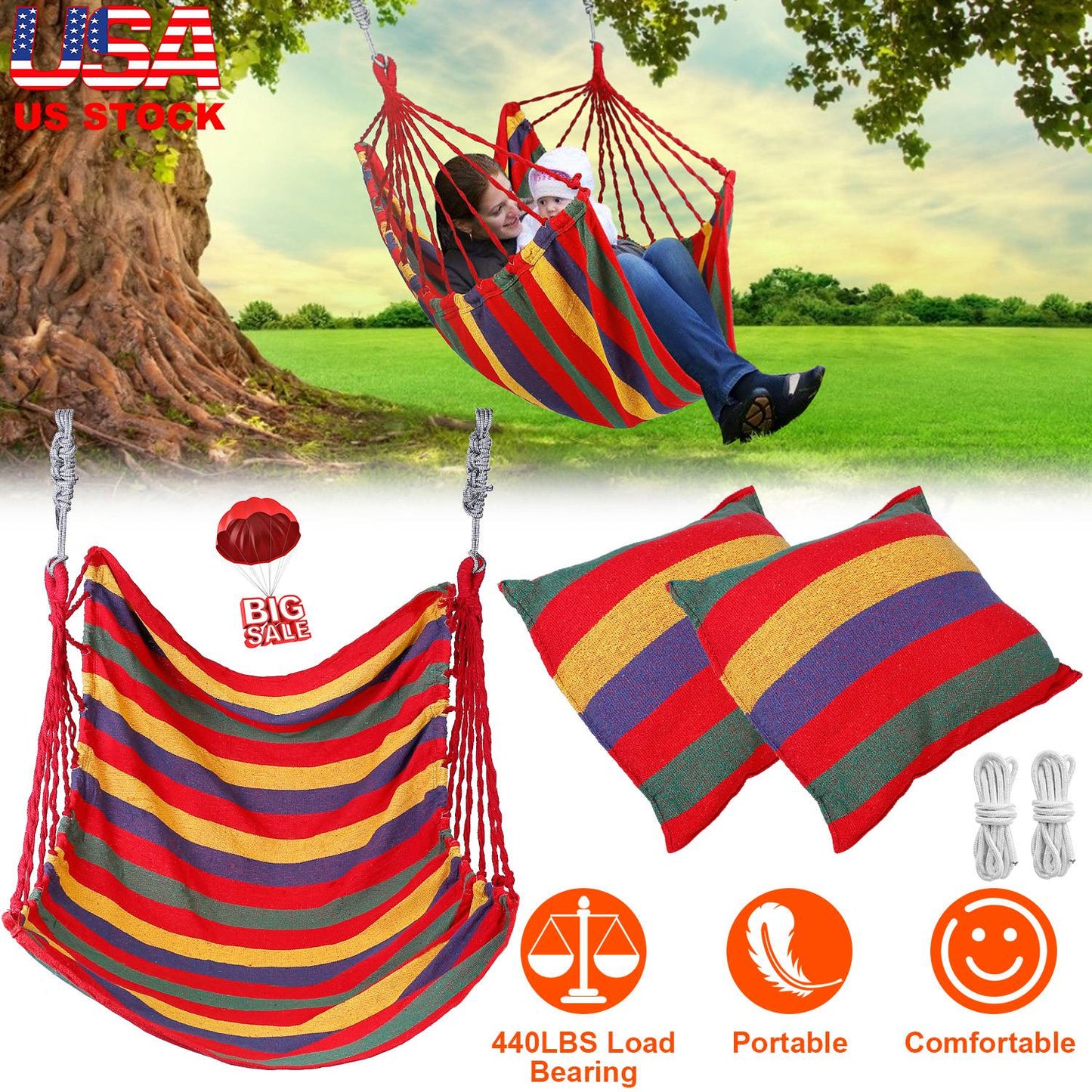 Hammock Hanging Chair with Pillows – 440 LBS Capacity