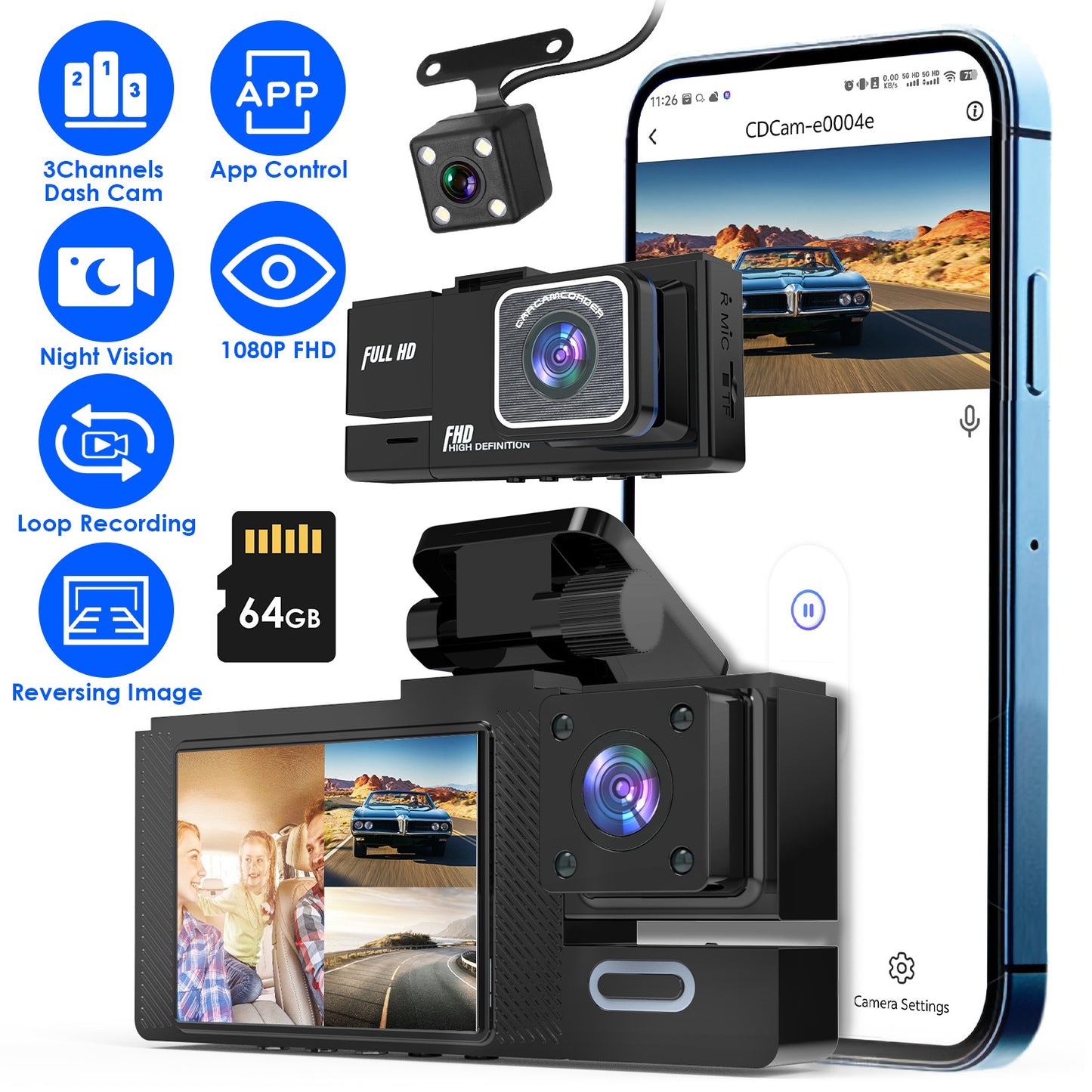 3-Channel Car Dash Cam with WiFi and Night Vision