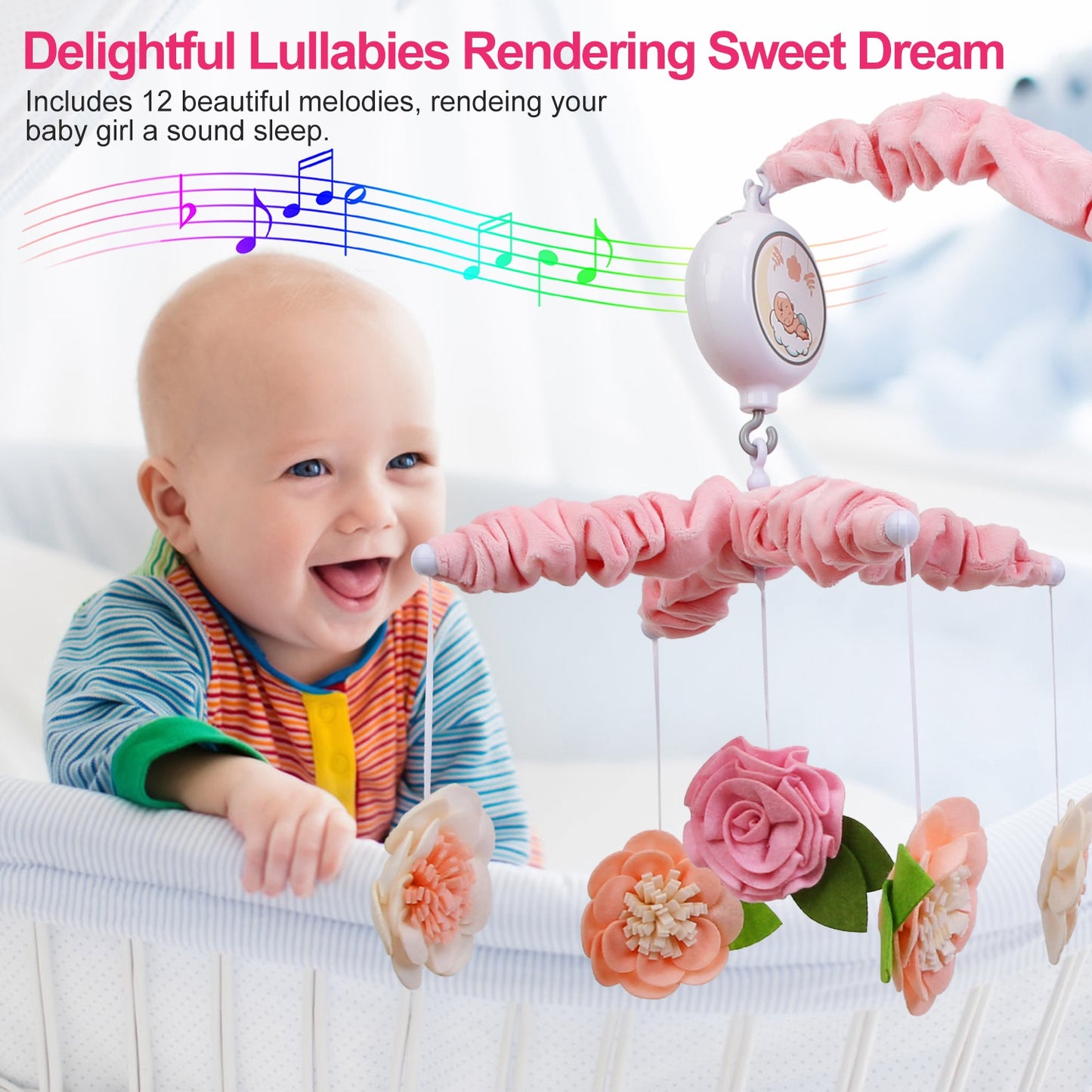 Musical Crib Mobile with 12 Melodies & Flower Rattles
