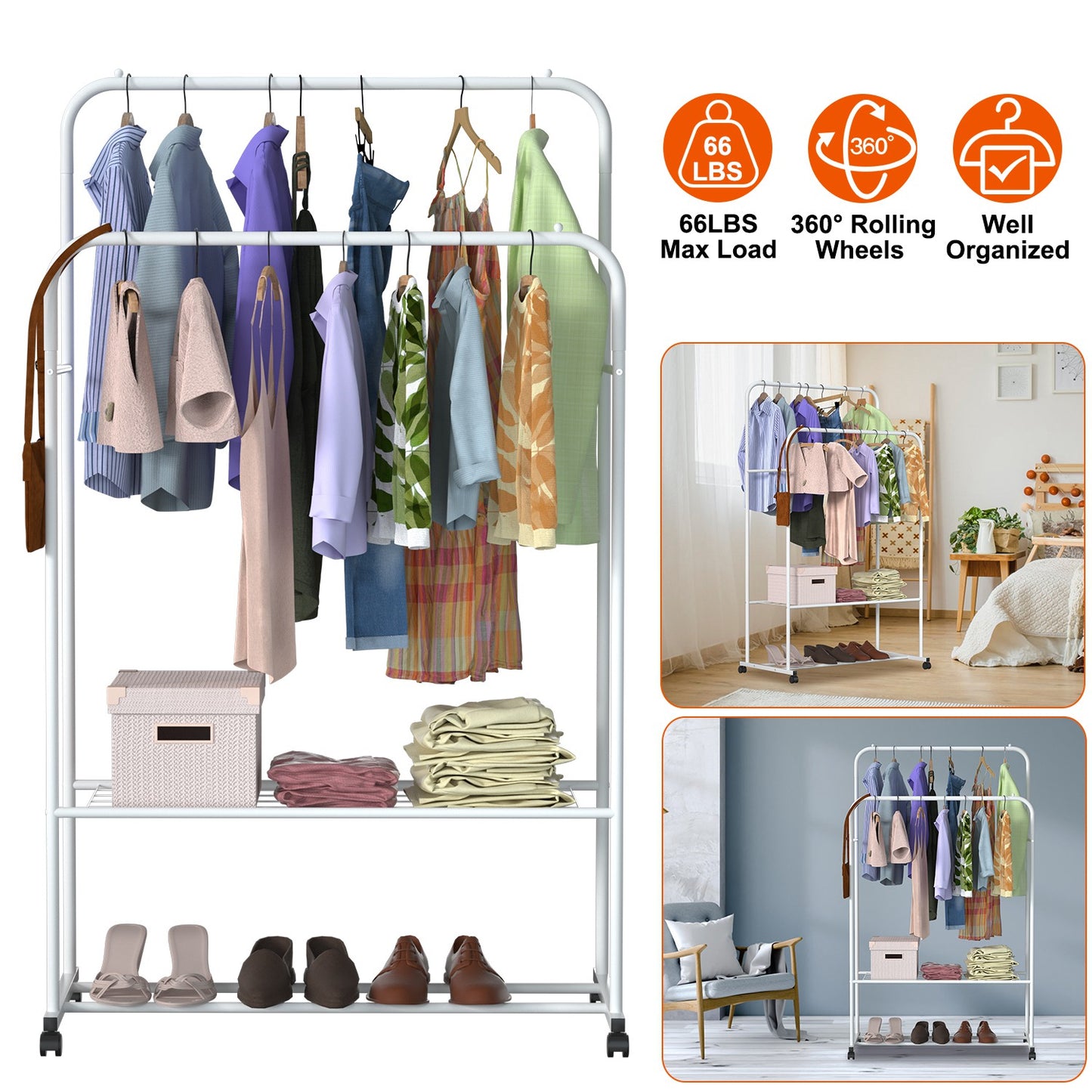 Rolling Garment Rack with Shoe Shelf and Dual Hanging Rails