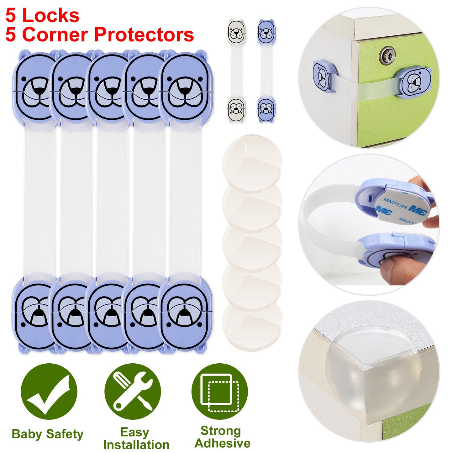 Child Safety Locks with Corner Protectors - 10 Piece Set