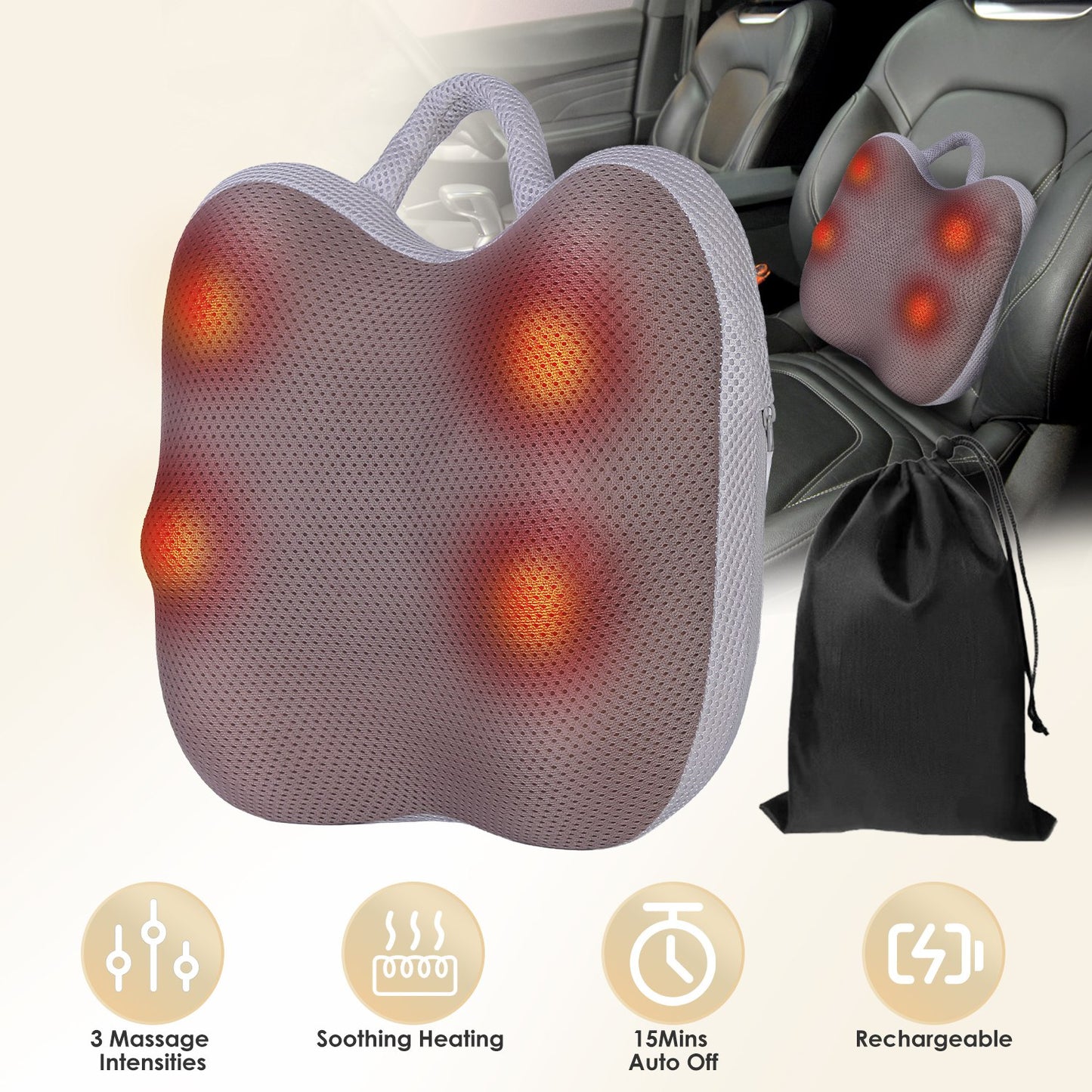 Cordless Shiatsu Back Massager with Heat & Kneading Nodes