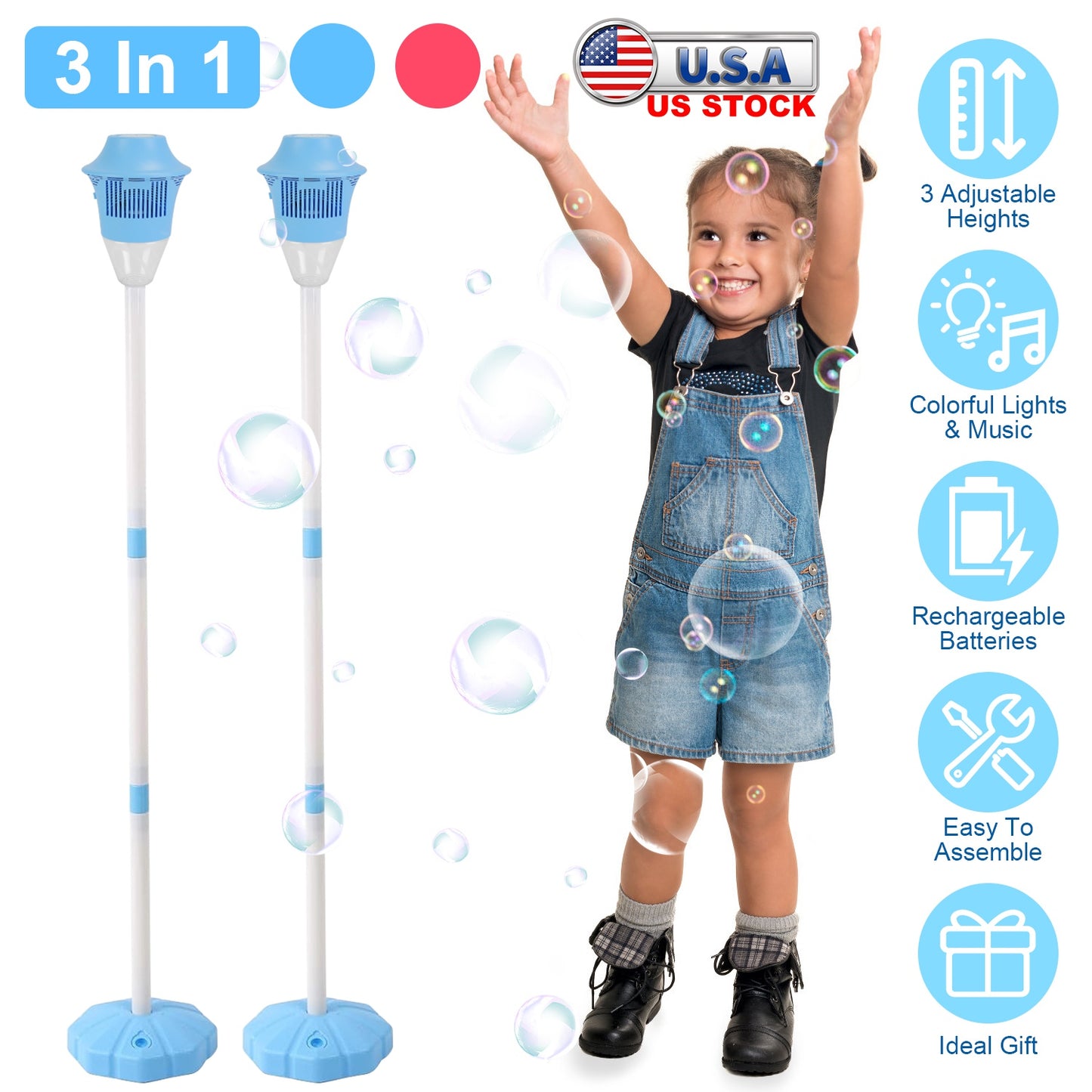 Standing Bubble Machine with Lights & Music - 3 Heights