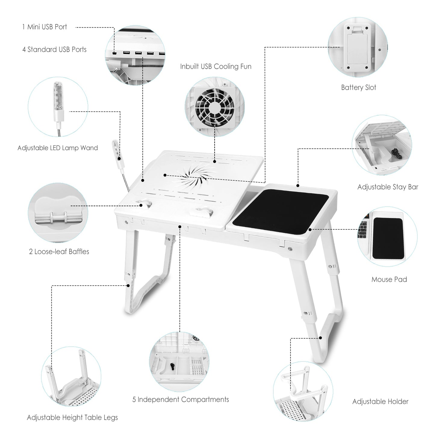 Foldable Laptop Desk with Cooling Fan, LED Light & USB Ports