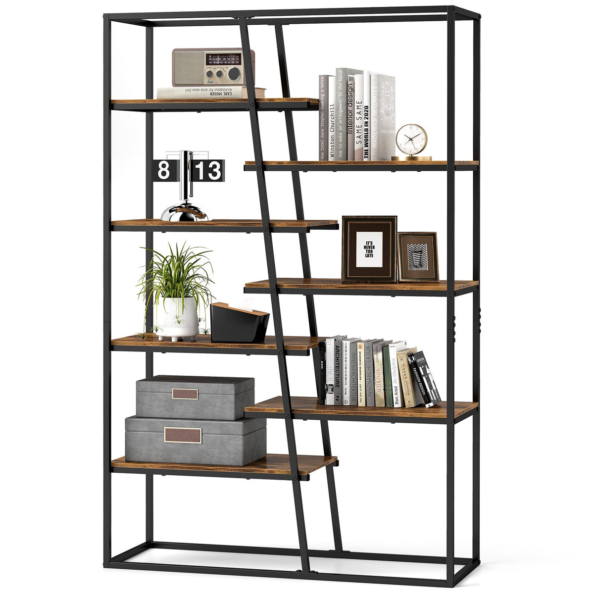 71-Inch 7-Tier Industrial Etagere Bookcase with Heavy-duty Metal Frame-Rustic Brown