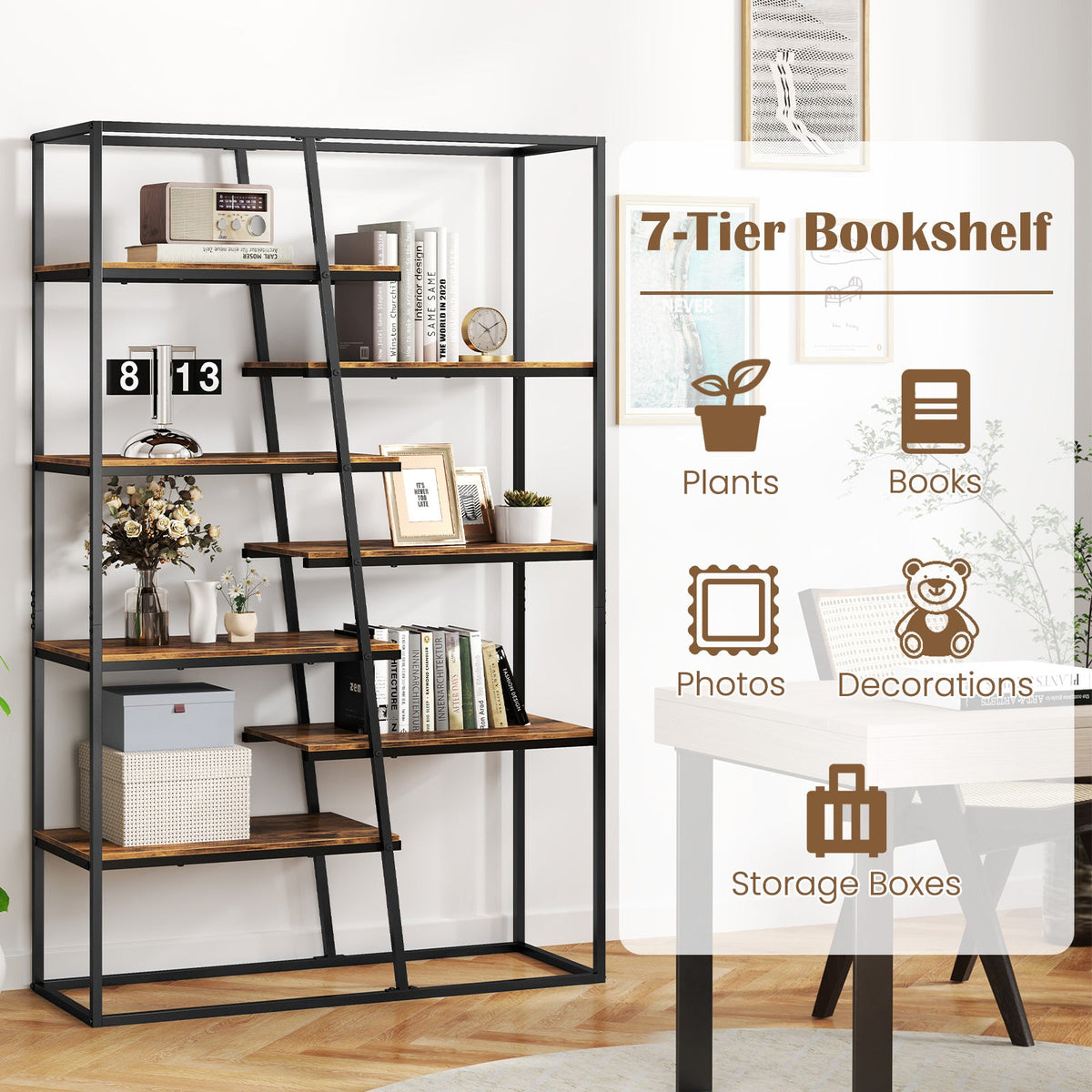 71-Inch 7-Tier Industrial Etagere Bookcase with Heavy-duty Metal Frame-Rustic Brown